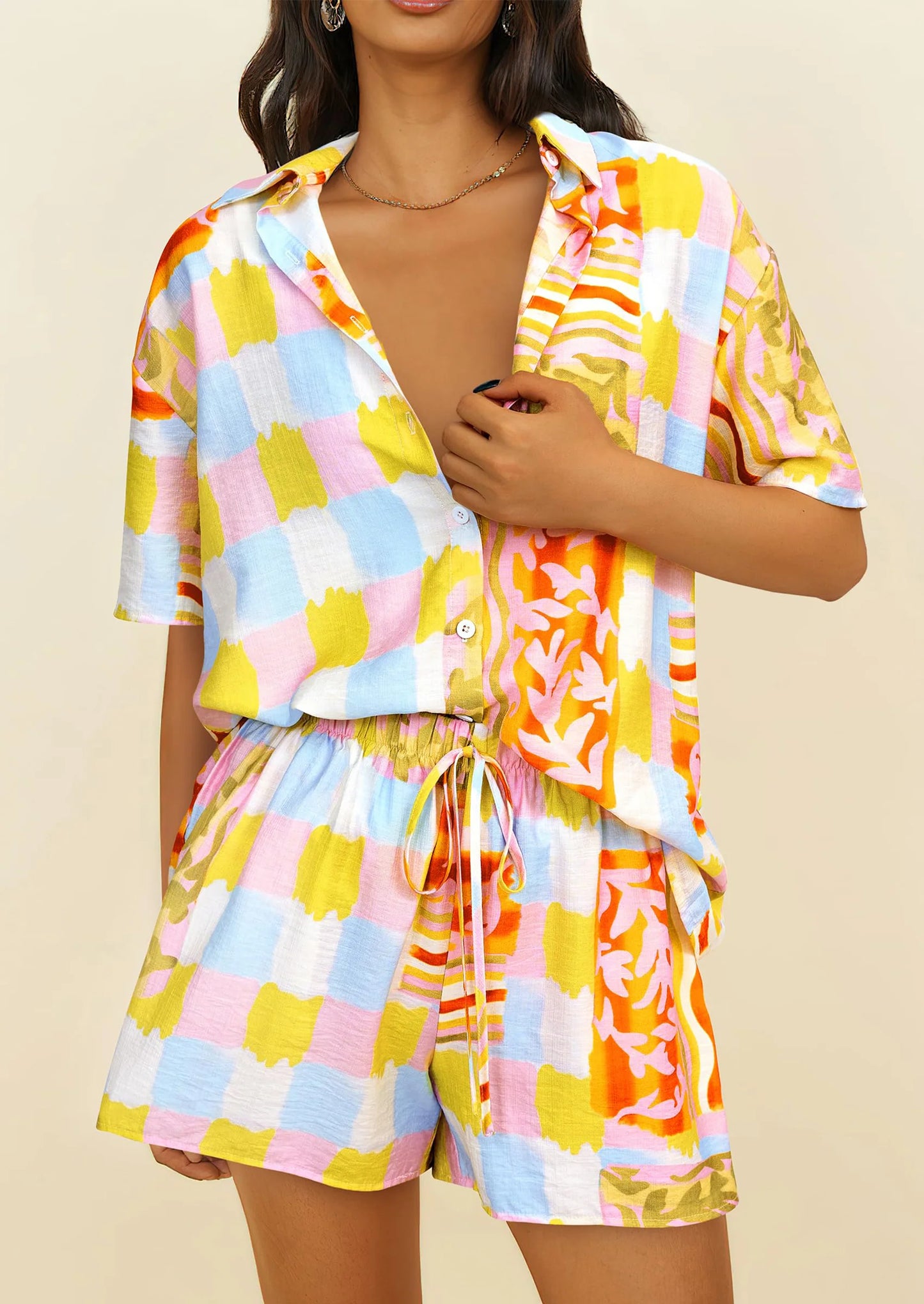Women Summer 2 Piece Sets Printed Short Sleeve Tops Lounge Shorts Beach Vacation Outfits