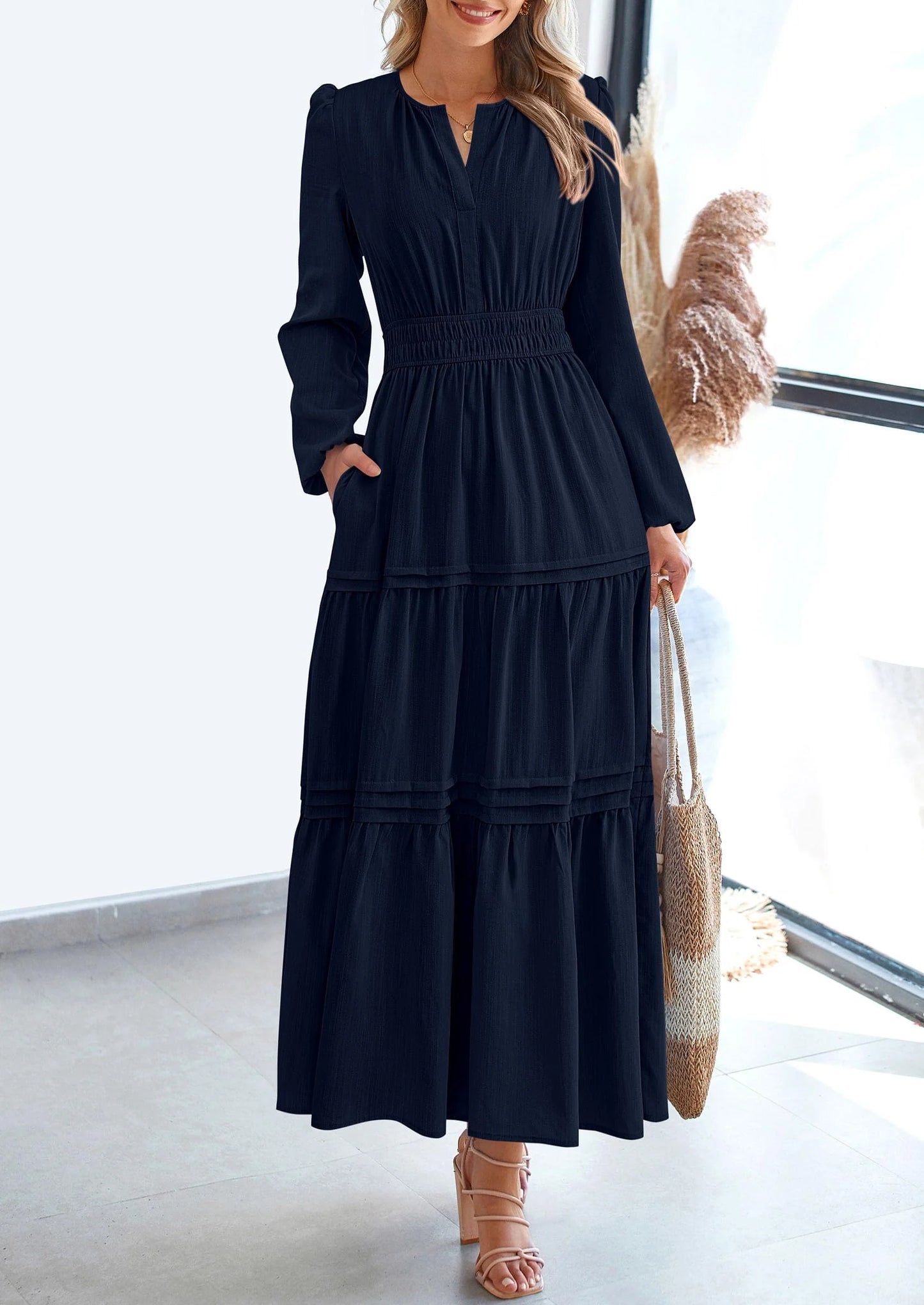 Women's Elegant Maxi Dresses Long Sleeve V Neck Flowy Pockets Casual Modest Dress Fall Fashion Clothes