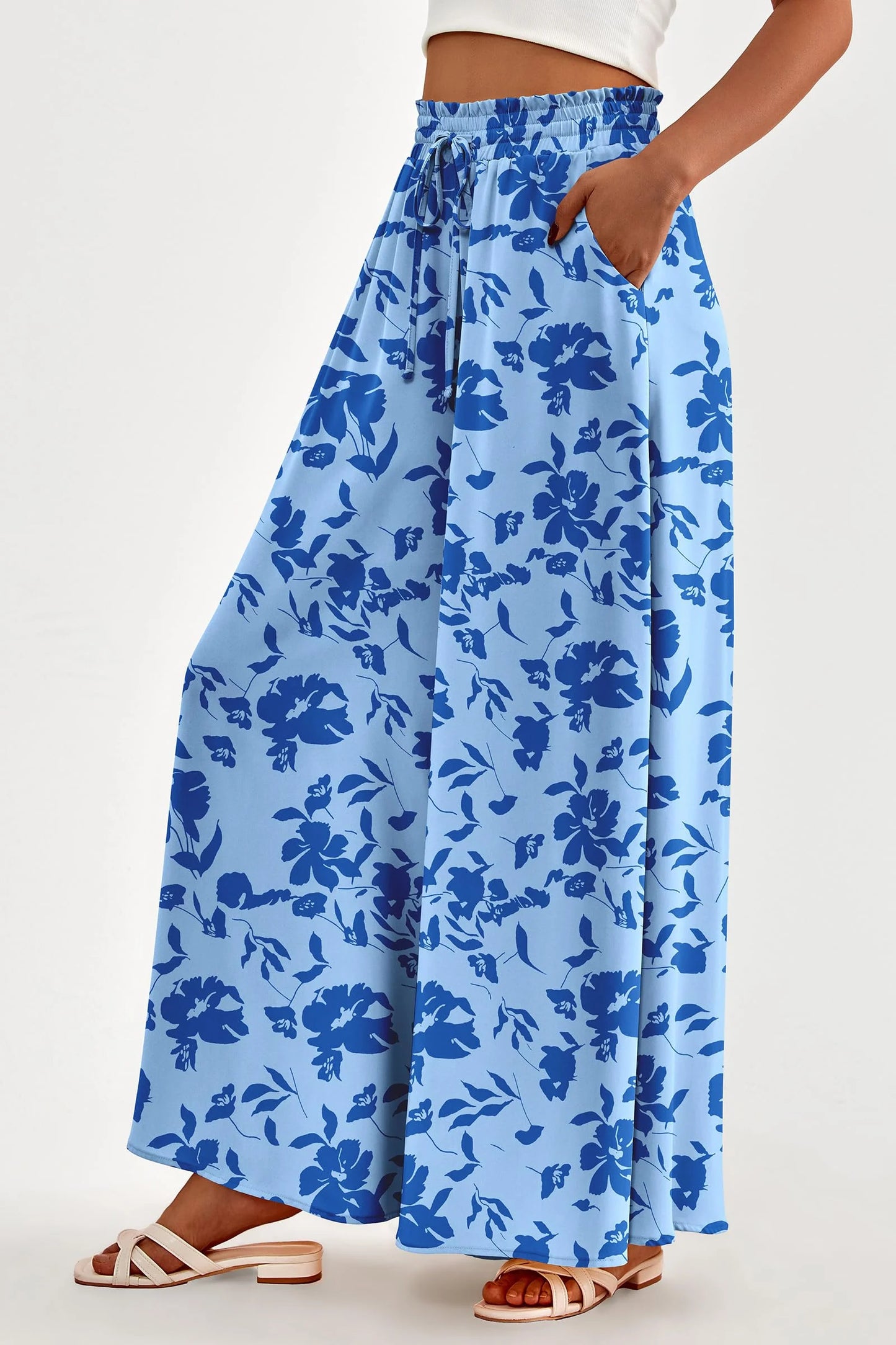 Women's Summer Wide Leg Palazzo Pants High Waisted Flowy Pockets Trendy Casual Lounge Boho Beach Trousers