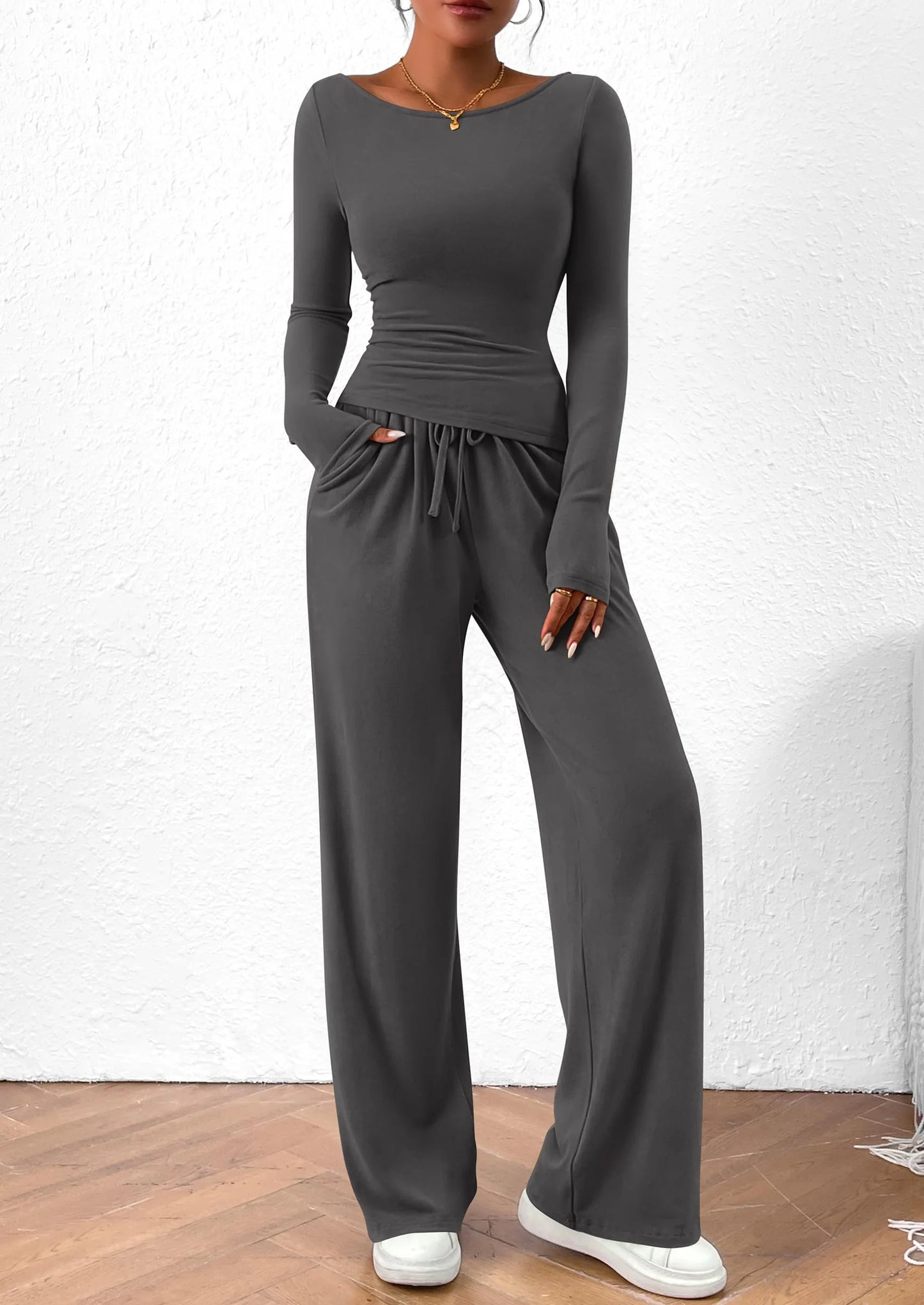 Women's 2 Piece Lounge Sets Asymmetrical Long Sleeve T Shirt Wide Leg Pants Casual Outfits Tracksuit