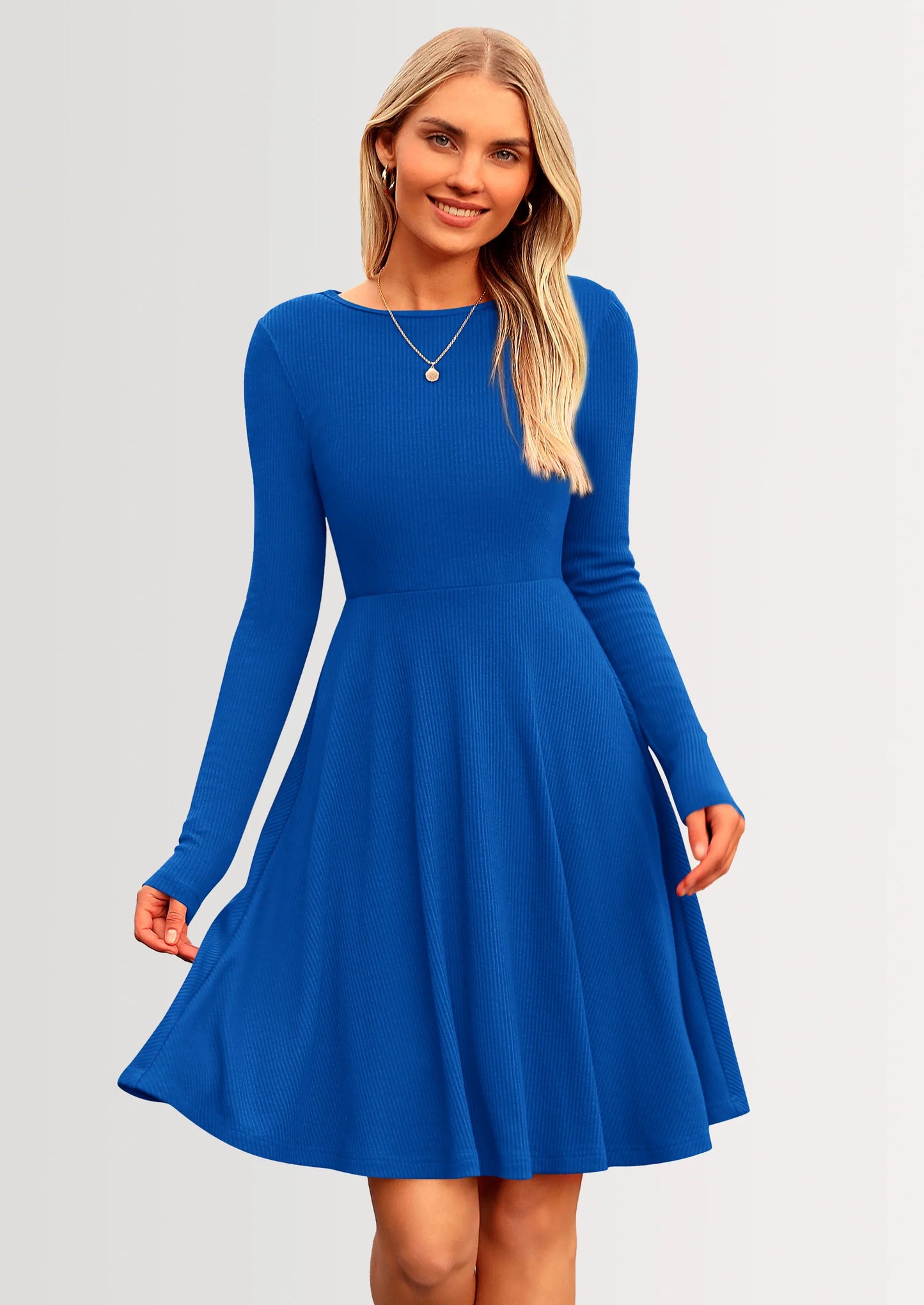 Women's Spring Fall Short Dress Ribbed Knit Crewneck Long Sleeve A Line Flowy Casual Elegant Going Out Dresses