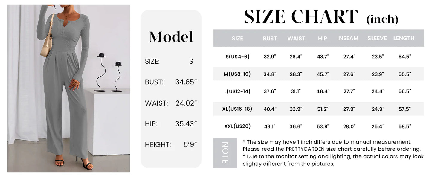 Jumpsuits for Women Dressy Casual Fall One Piece Outfits Long Sleeve Crew Neck Wide Leg Pants Rompers