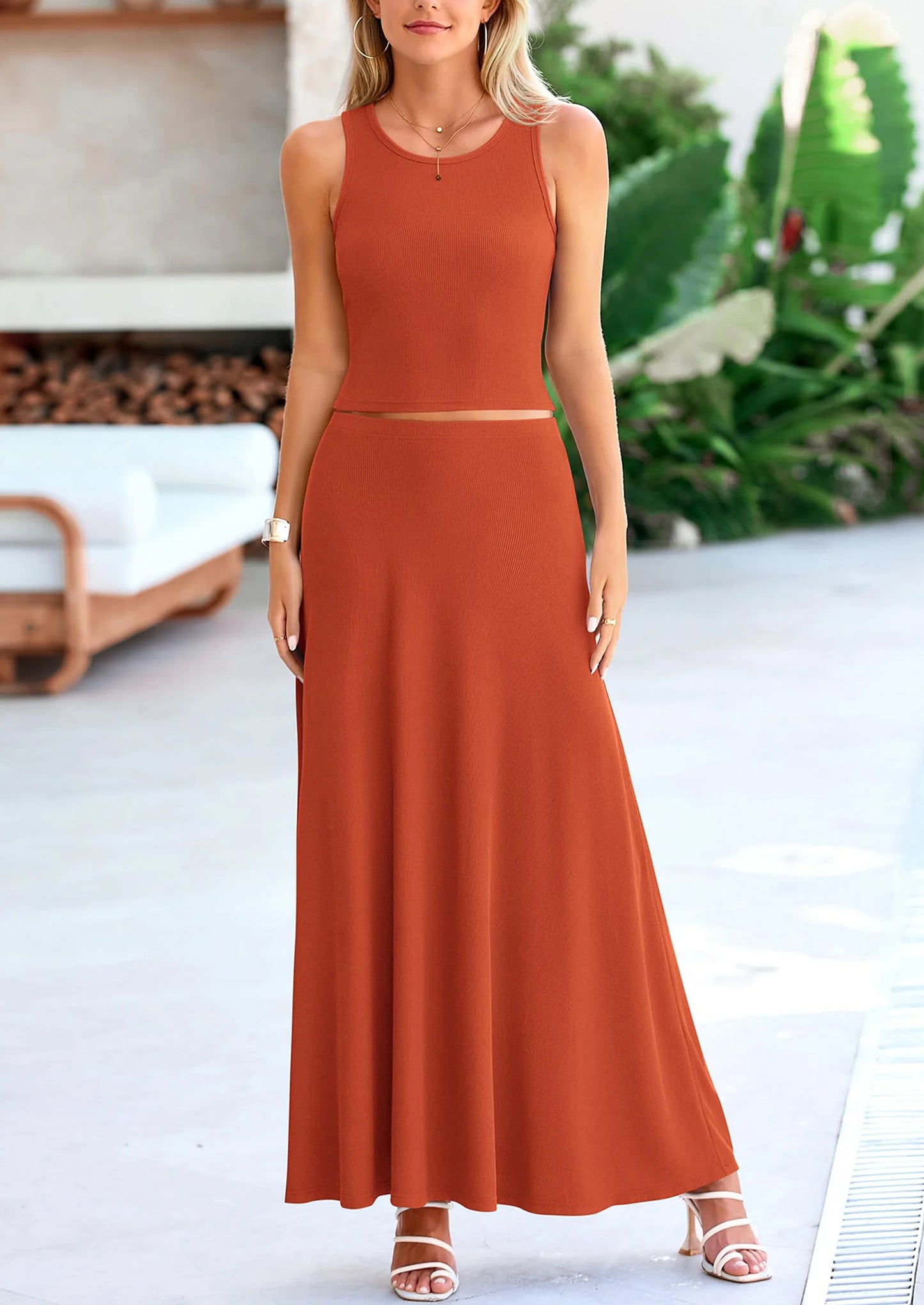 2 Piece Maxi Skirt Sets Casual Knit Cropped Tank Top High Waisted Long Skirts Outfit