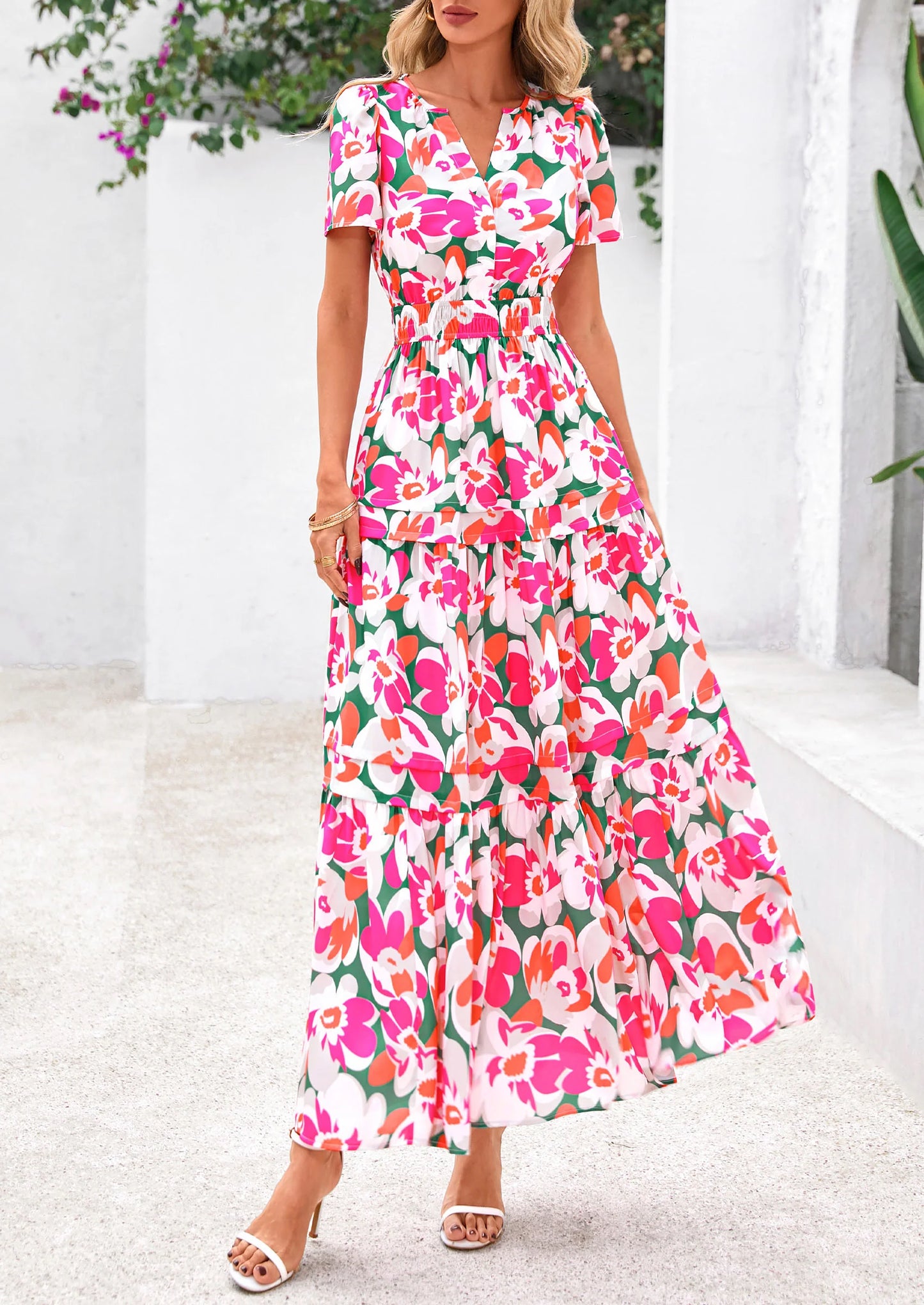 Women's Boho Maxi Dresses Floral Short Sleeve V Neck A Line Tiered Flowy Long Beach Vacation Dress