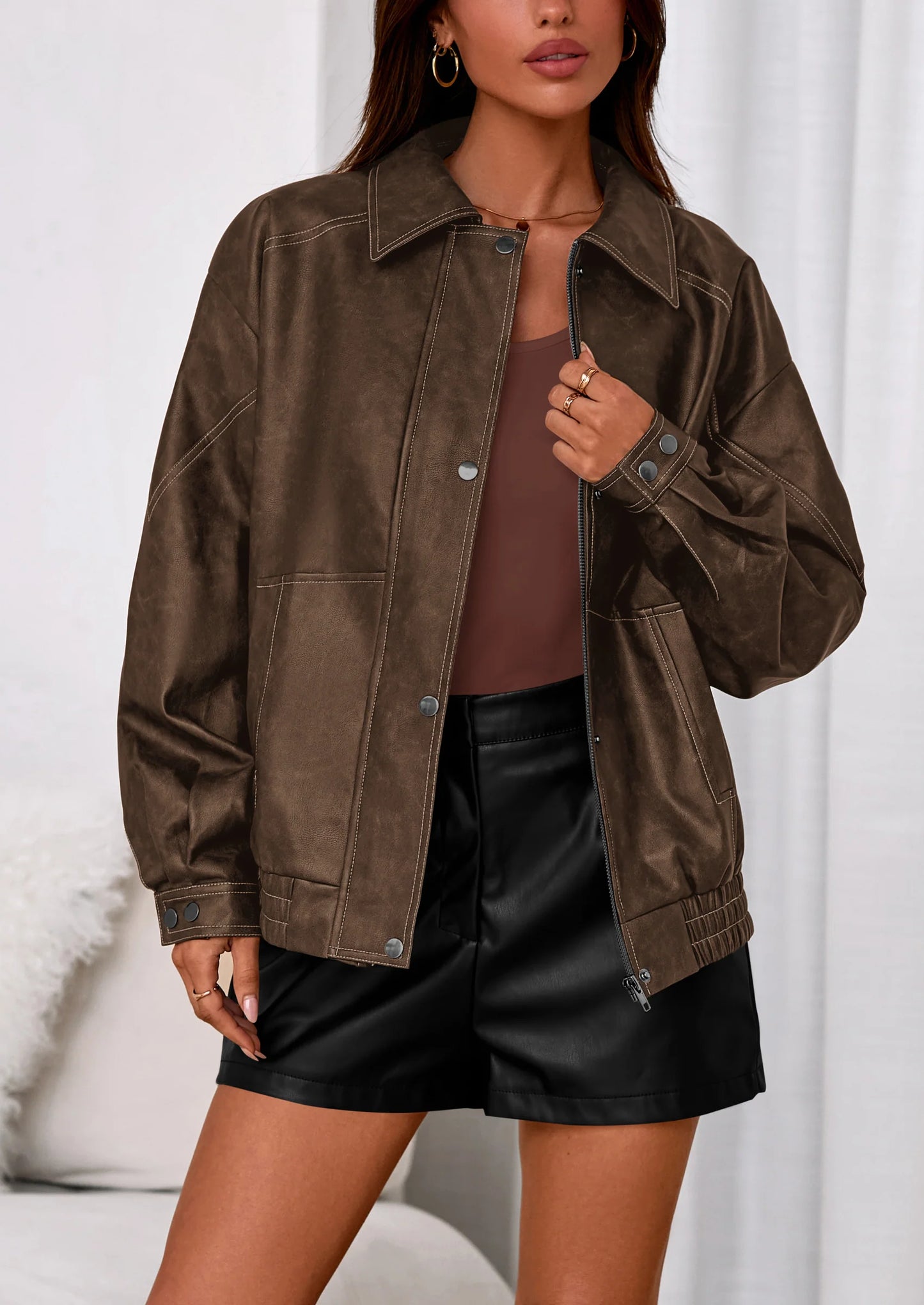 Faux Leather Jacket Women Bomber Motorcycle Zip Up Jackets Oversized Fall Fashion Outfits Winter Coats