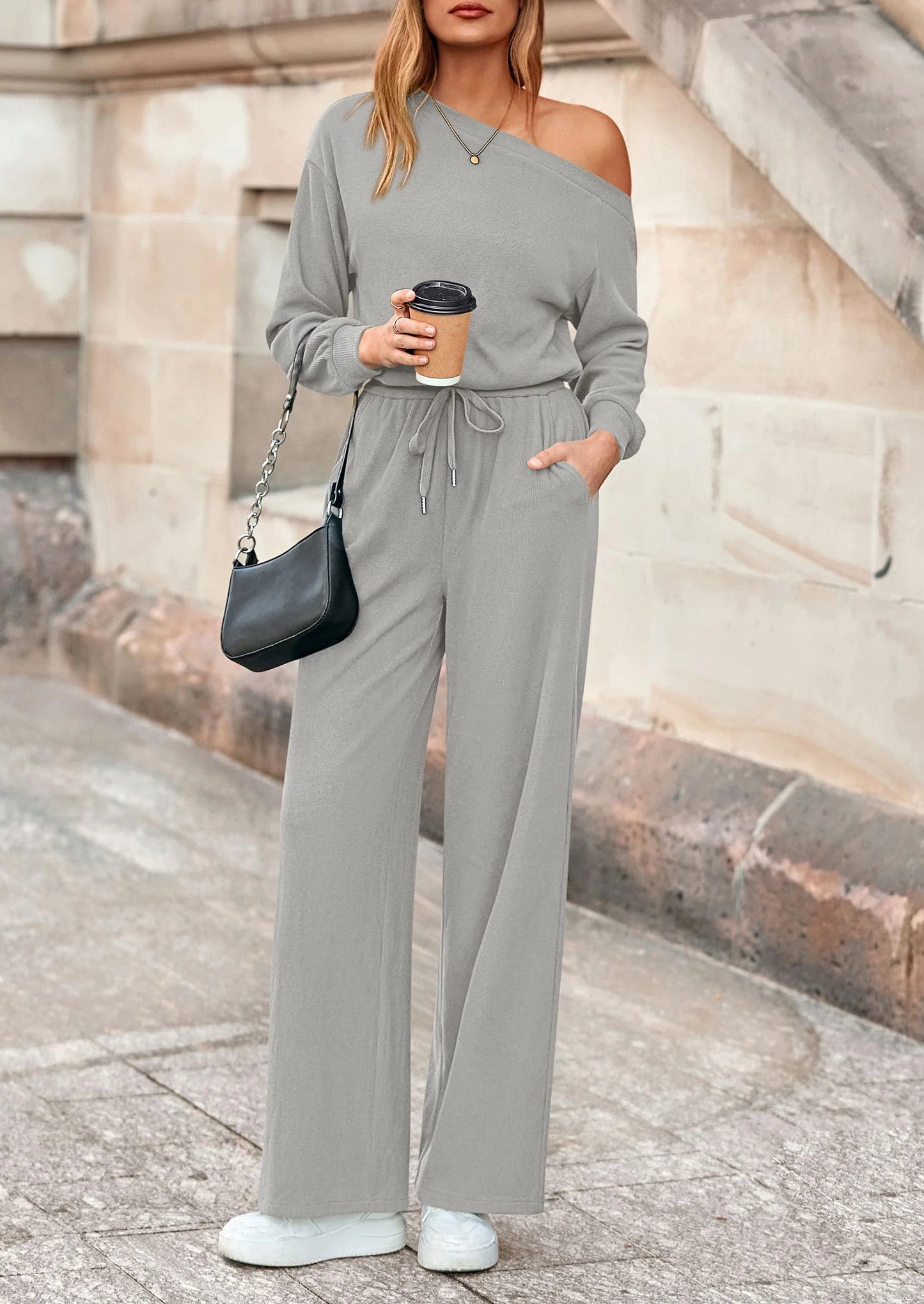 Long Sleeve Jumpsuit For Women Dressy Off Shoulder One Piece Loose Wide Leg Jumpsuits Casual Flowy Romper