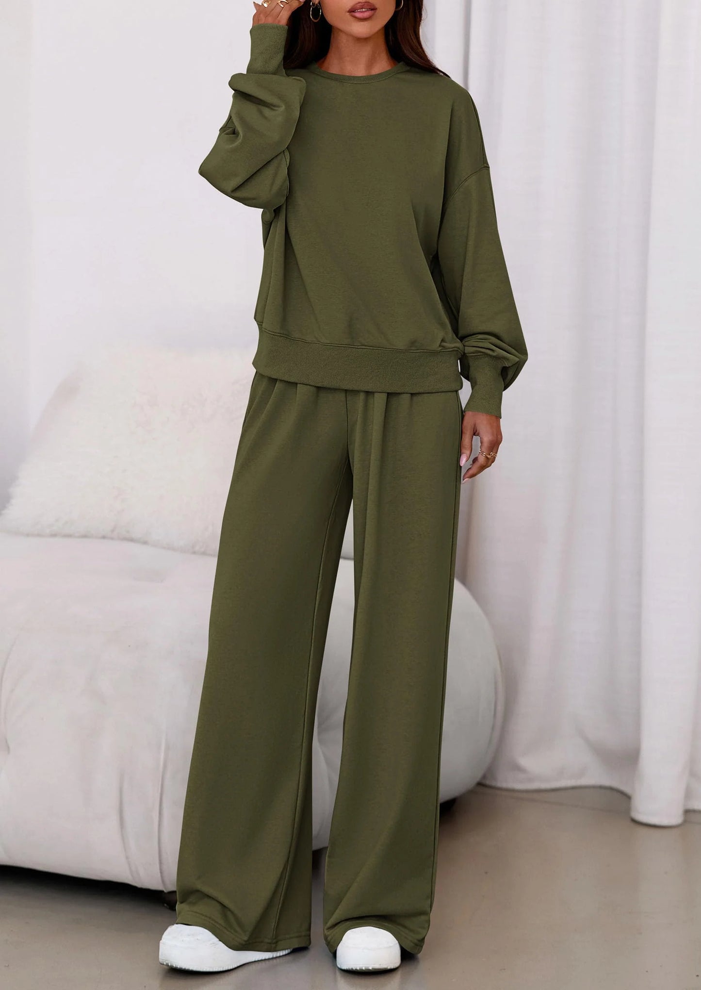 Womens 2 Piece Sets Long Sleeve Sweatshirt Wide Leg Pants Loose Matching Lounge Set Trendy Fall Outfits