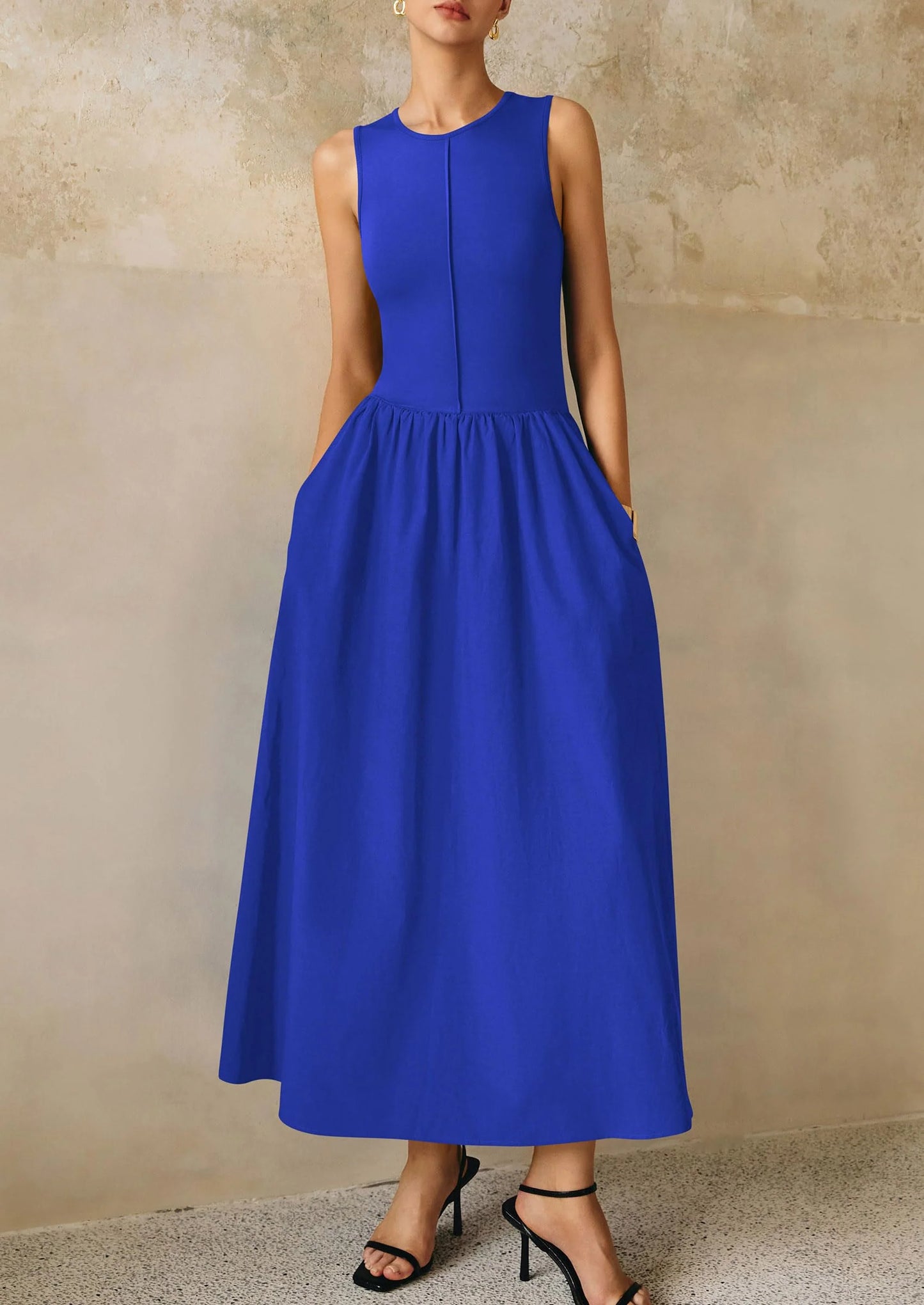 Women Maxi Dresses Casual Sleeveless Patchwork Knit Tank Dress Flowy Beach Sundress Long Dress