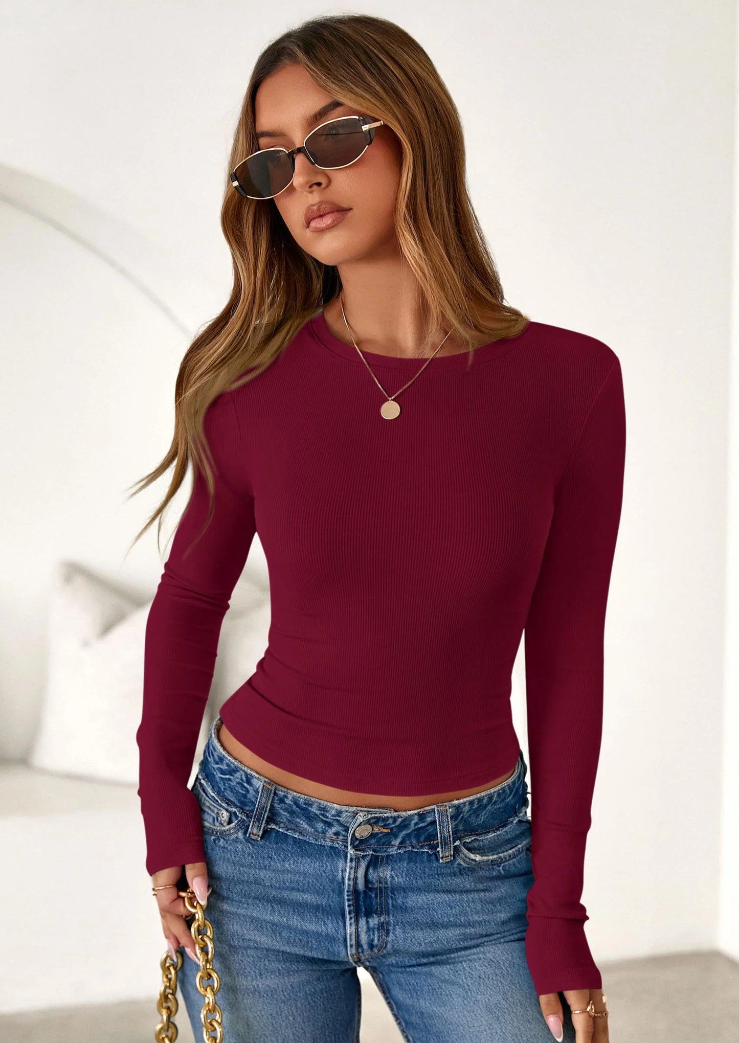 Womens Summer Fall Long Sleeve Shirts Ribbed Knit Fitted Basic Tee Going Out Tops Underscrub Casual Outfits