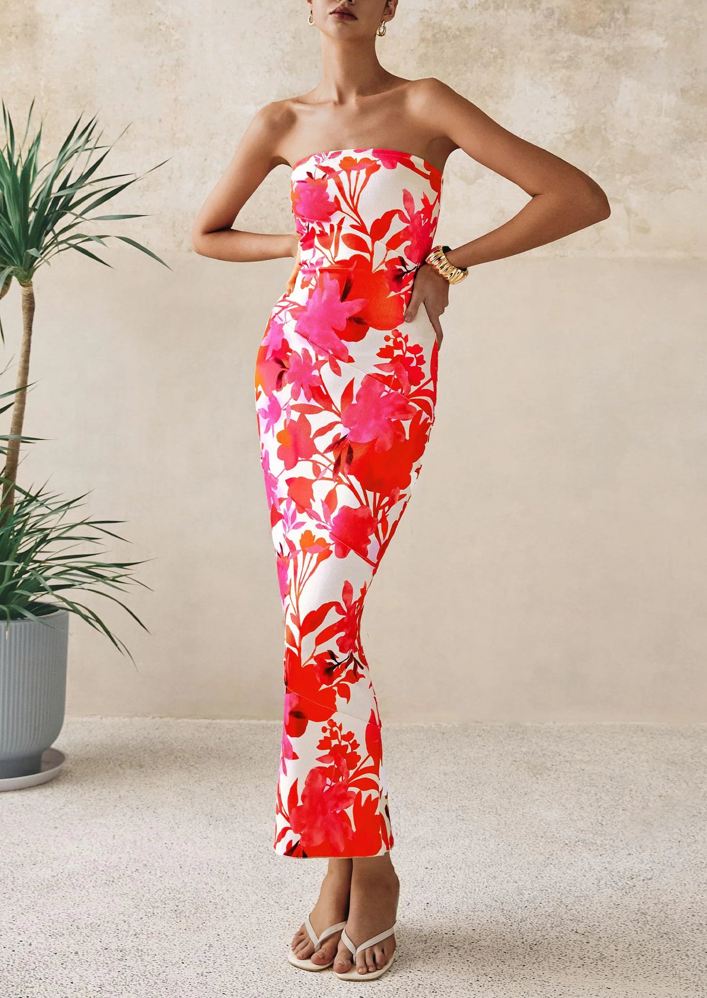 Women's Floral Bodycon Maxi Dresses Ribbed Strapless Tube Casual Boho Party Long Dress