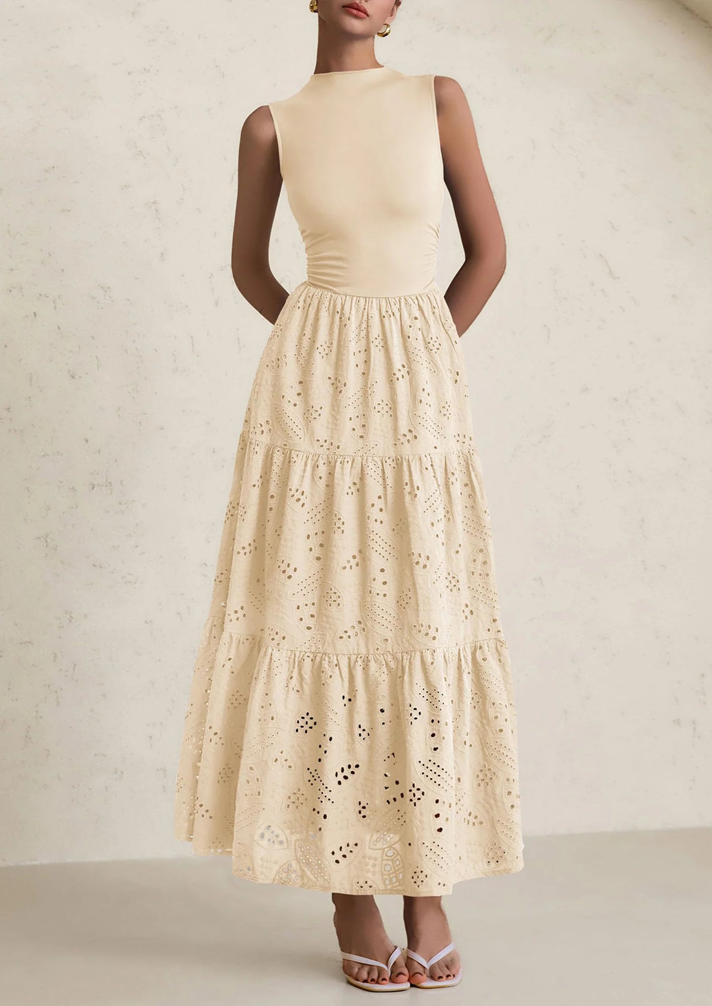 Dresses for Women Casual Eyelet Sleeveless Wedding Guest Maxi Dress Tank Top Sundress with Pockets