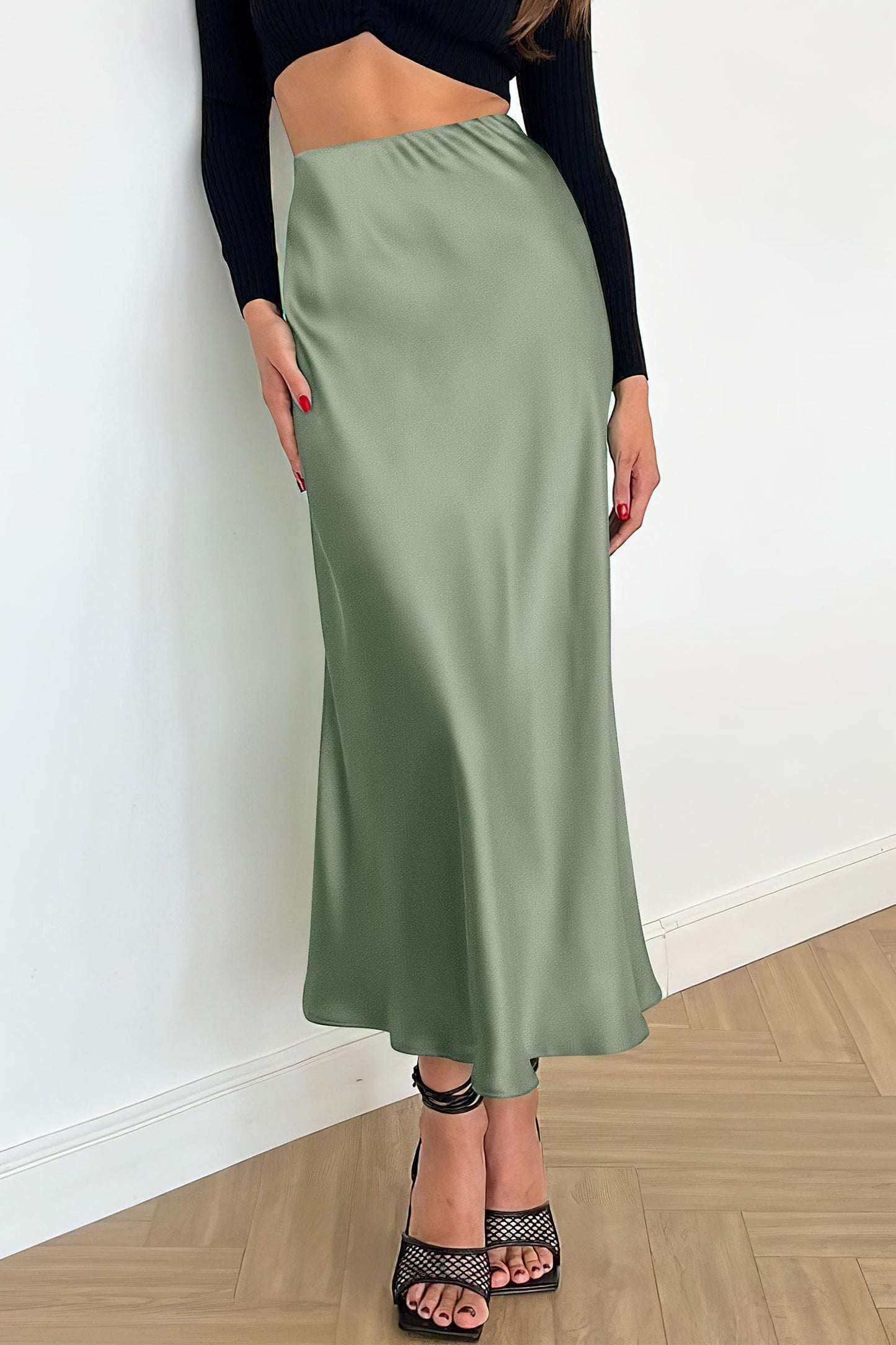 Women's Satin Skirts Dressy Casual Fall High Waisted Cocktail Wedding Flowy Elegant A Line Midi Skirt