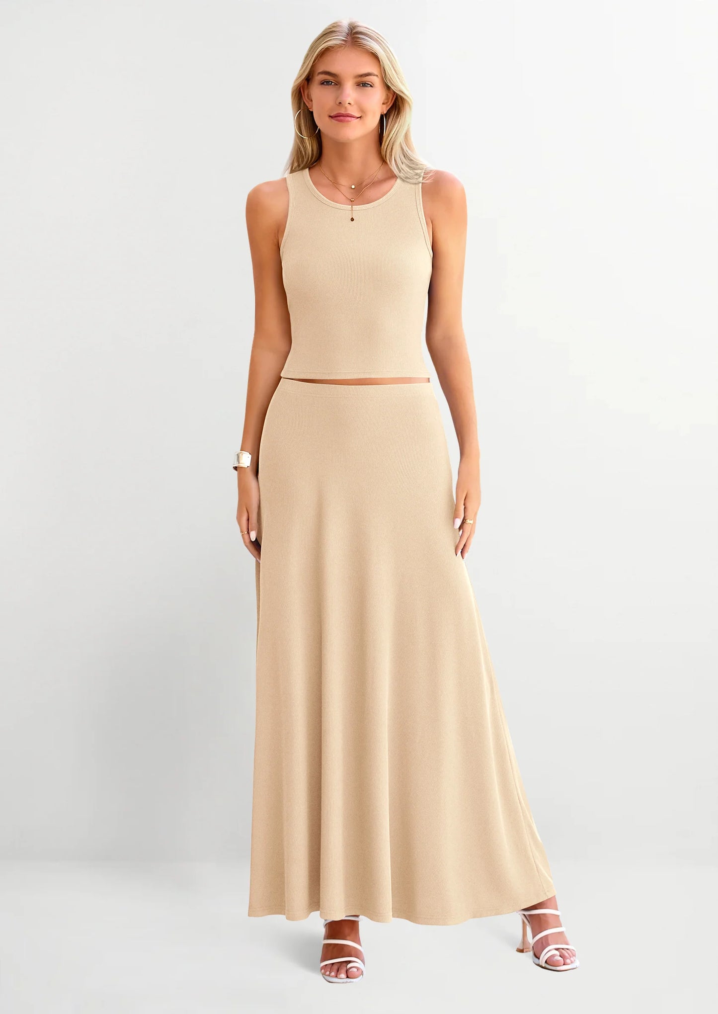 2 Piece Maxi Skirt Sets Casual Knit Cropped Tank Top High Waisted Long Skirts Outfit