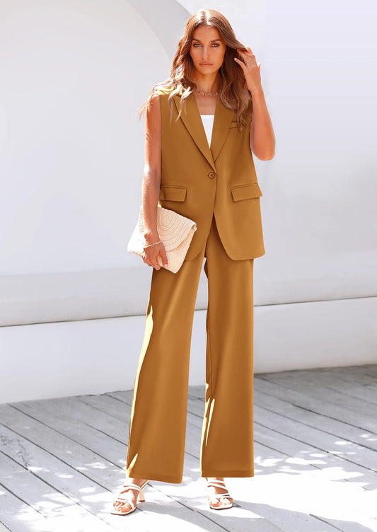 Women's 2 Piece Outfits Sleeveless Suit Vest and Wide Leg Pants Business Casual Blazer Sets