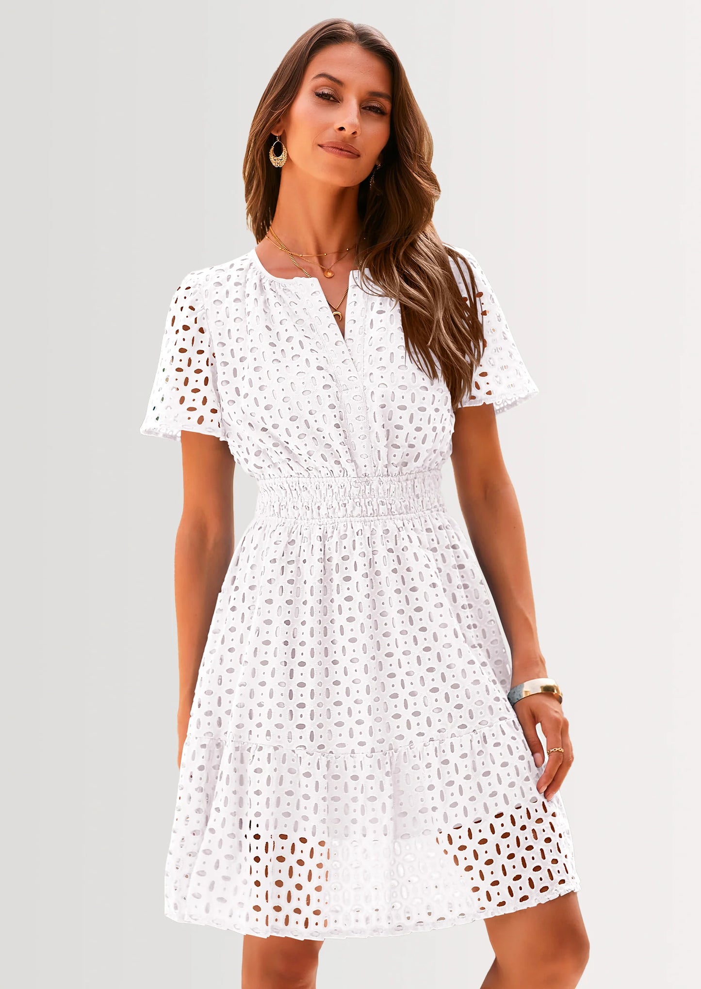 Women Summer Short Dress V Neck Short Sleeve A Line Hollow Out Lace Ruffle Cute Casual Beach Party Dresses