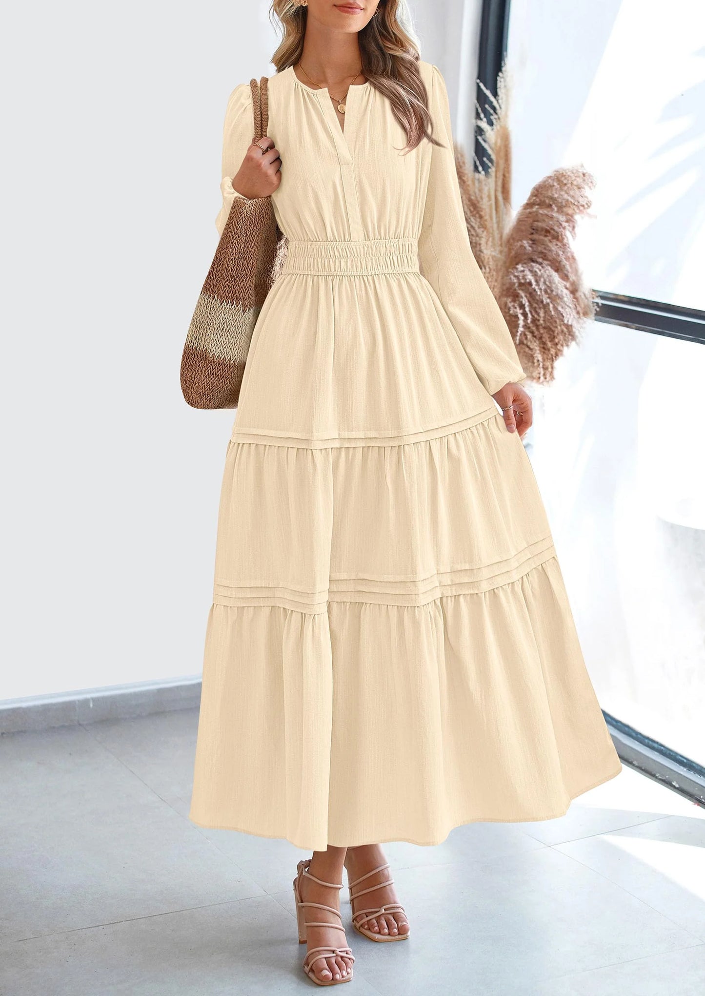Women's Elegant Maxi Dresses Long Sleeve V Neck Flowy Pockets Casual Modest Dress Fall Fashion Clothes