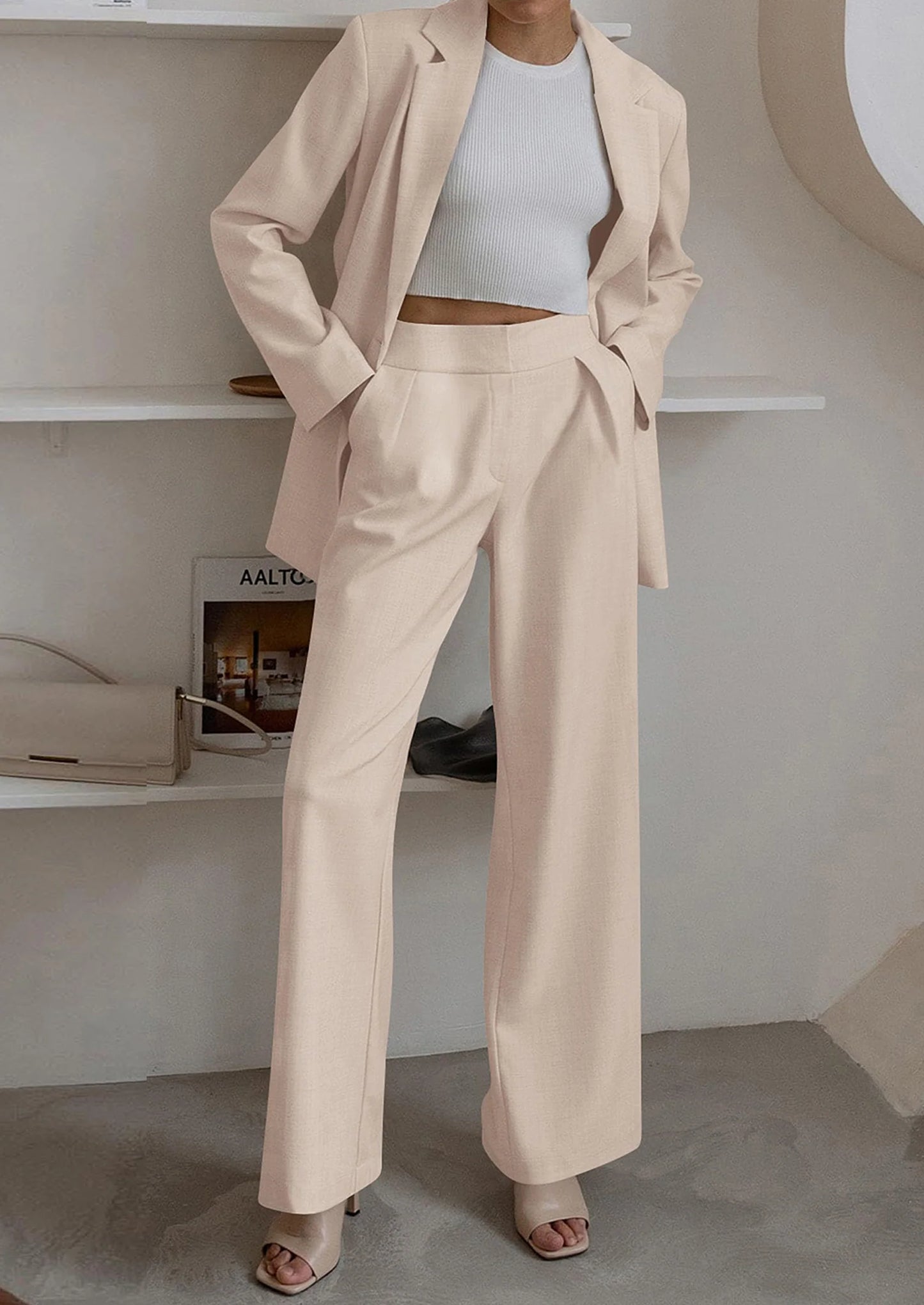 Women's Fall Two Piece Outfits Dressy Blazer Jacket and Wide Leg Pants Pockets Business Casual Office Suit Sets