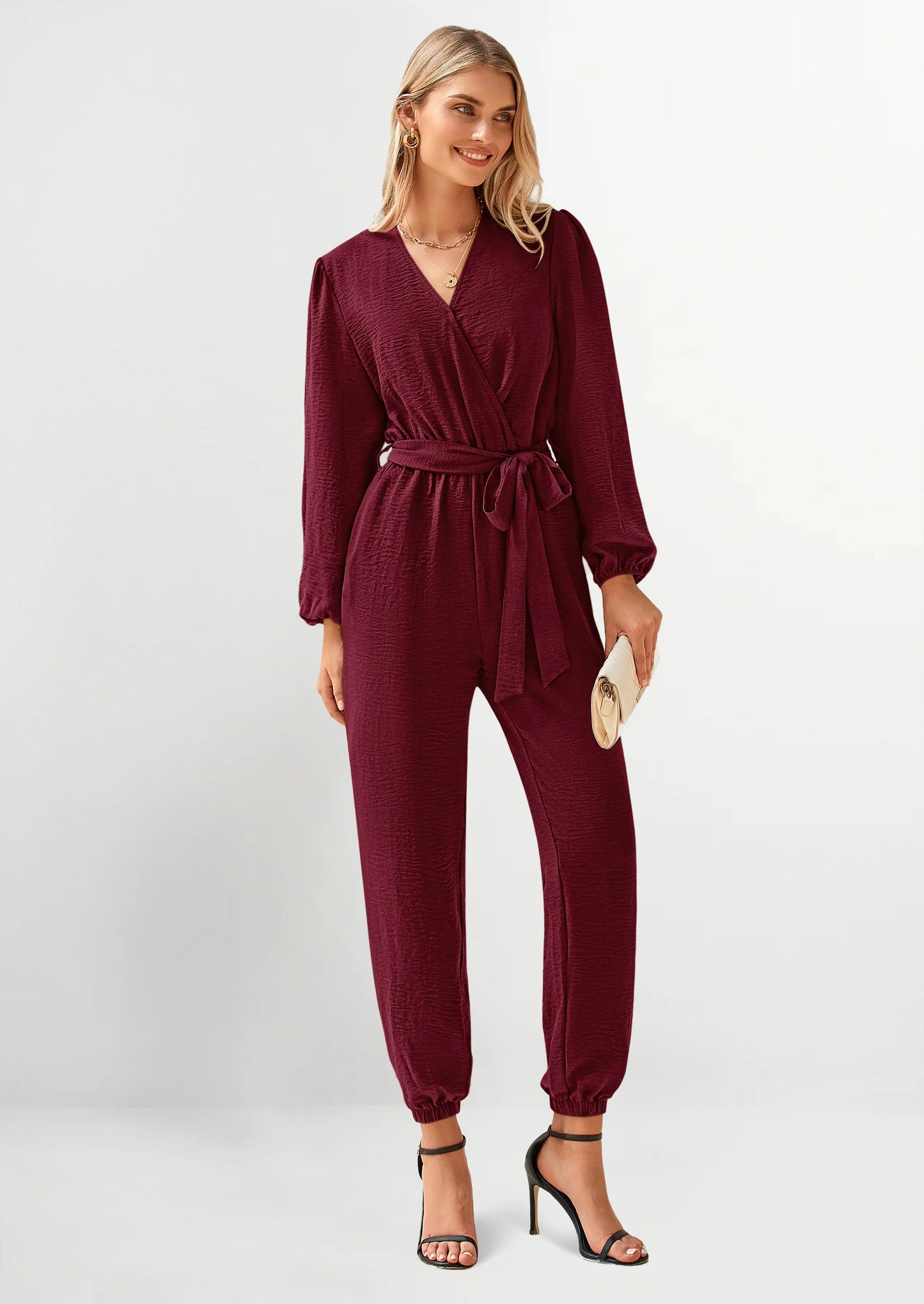 Women's Fall Jumpsuits Dressy Casual Pants Romper Spring Long Sleeve V Neck Belt Pockets One Piece Outfits