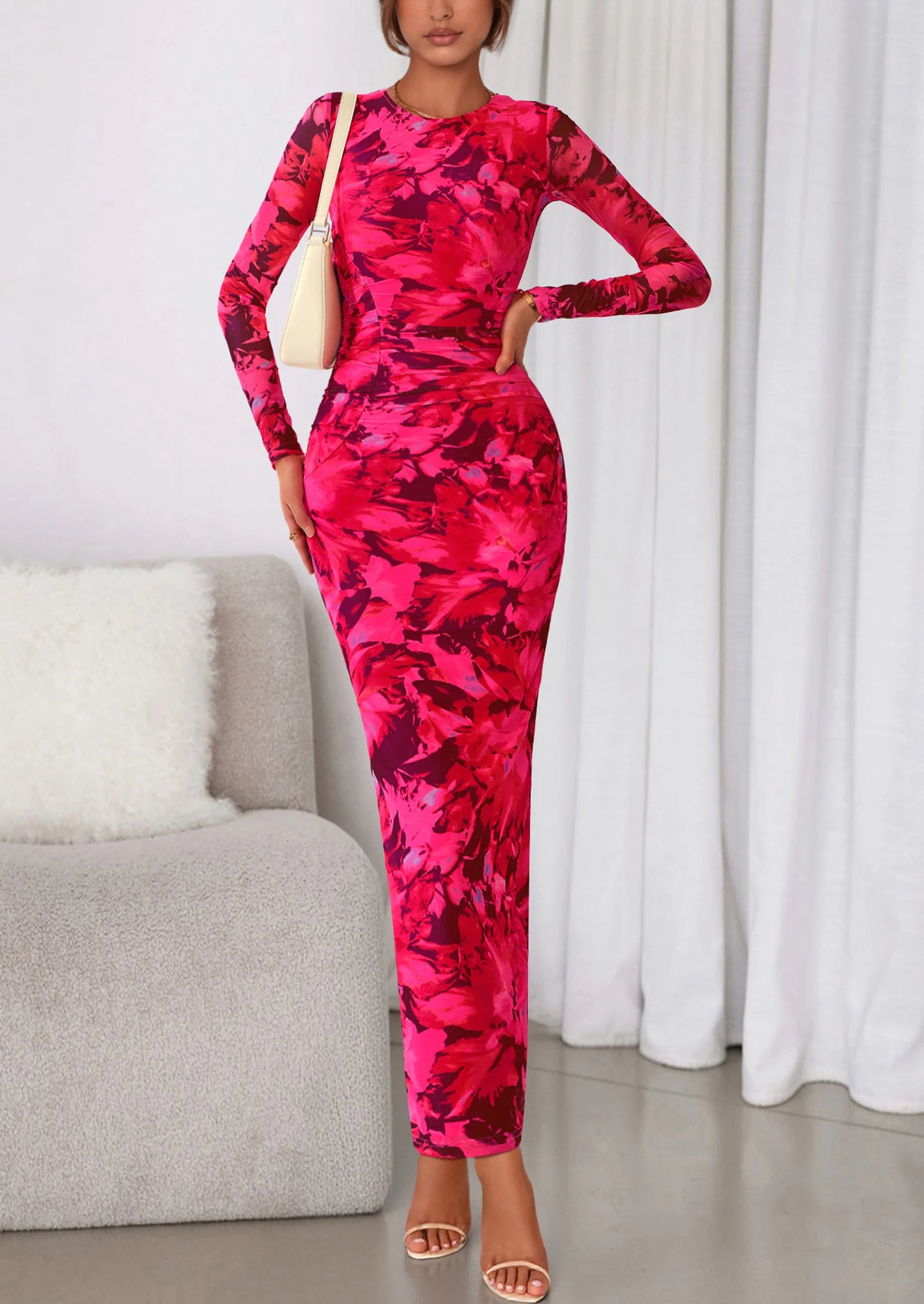 Women's Fall Wedding Guest Dresses Long Sleeve Fitted Ruched Slit Bodycon Mesh Floral Party Maxi Dress