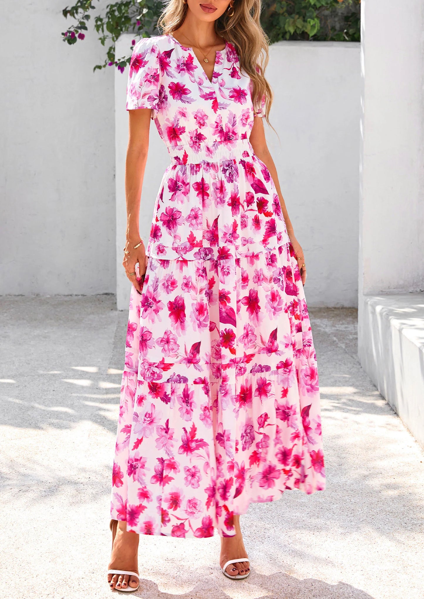 Women's Boho Maxi Dresses Floral Short Sleeve V Neck A Line Tiered Flowy Long Beach Vacation Dress