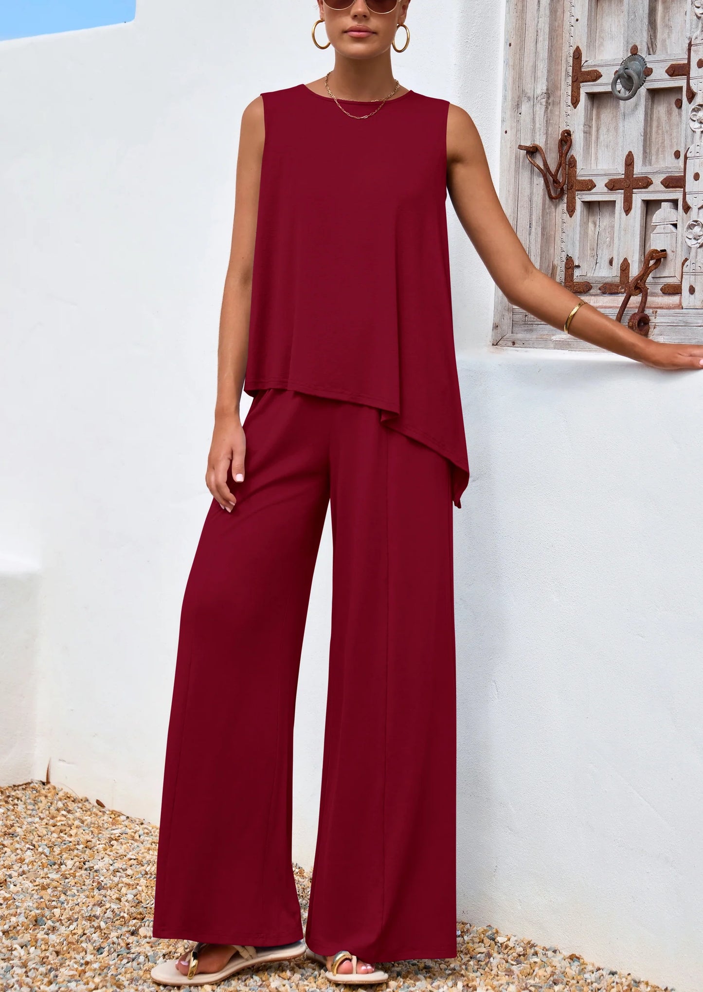 Women's Two Piece Matching Lounge Sets Asymmetrical Split Tank Tops Wide Leg Pants Summer Outfits Tracksuit