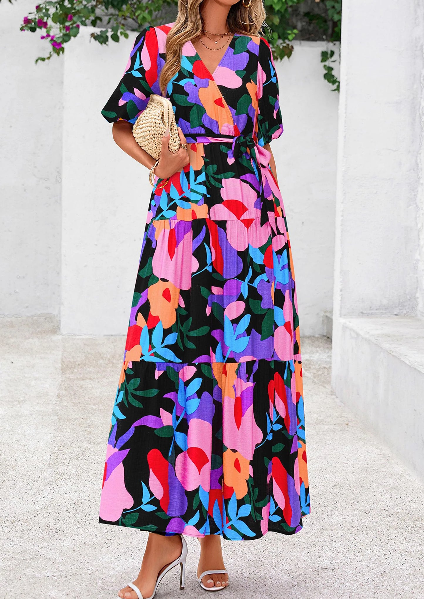 Women's Maxi Dress Resort Wear Boho Floral V Neck Puff Short Sleeve Ruffle Flowy Beach Long Dresses
