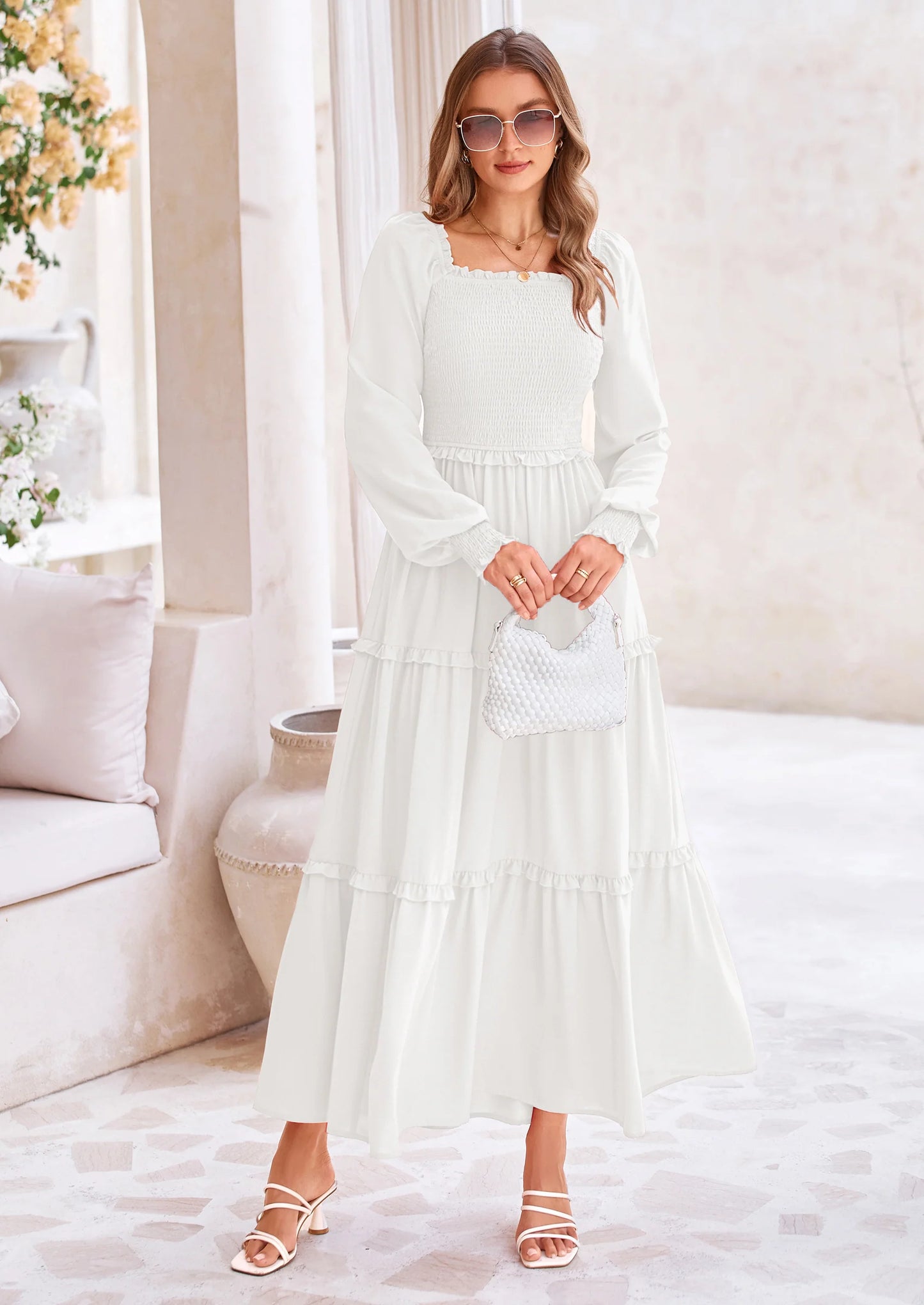 Fall Wedding Guest Dresses for Women Long Sleeve Square Neck Tiered A Line Modest Elegant Flowy Dresses
