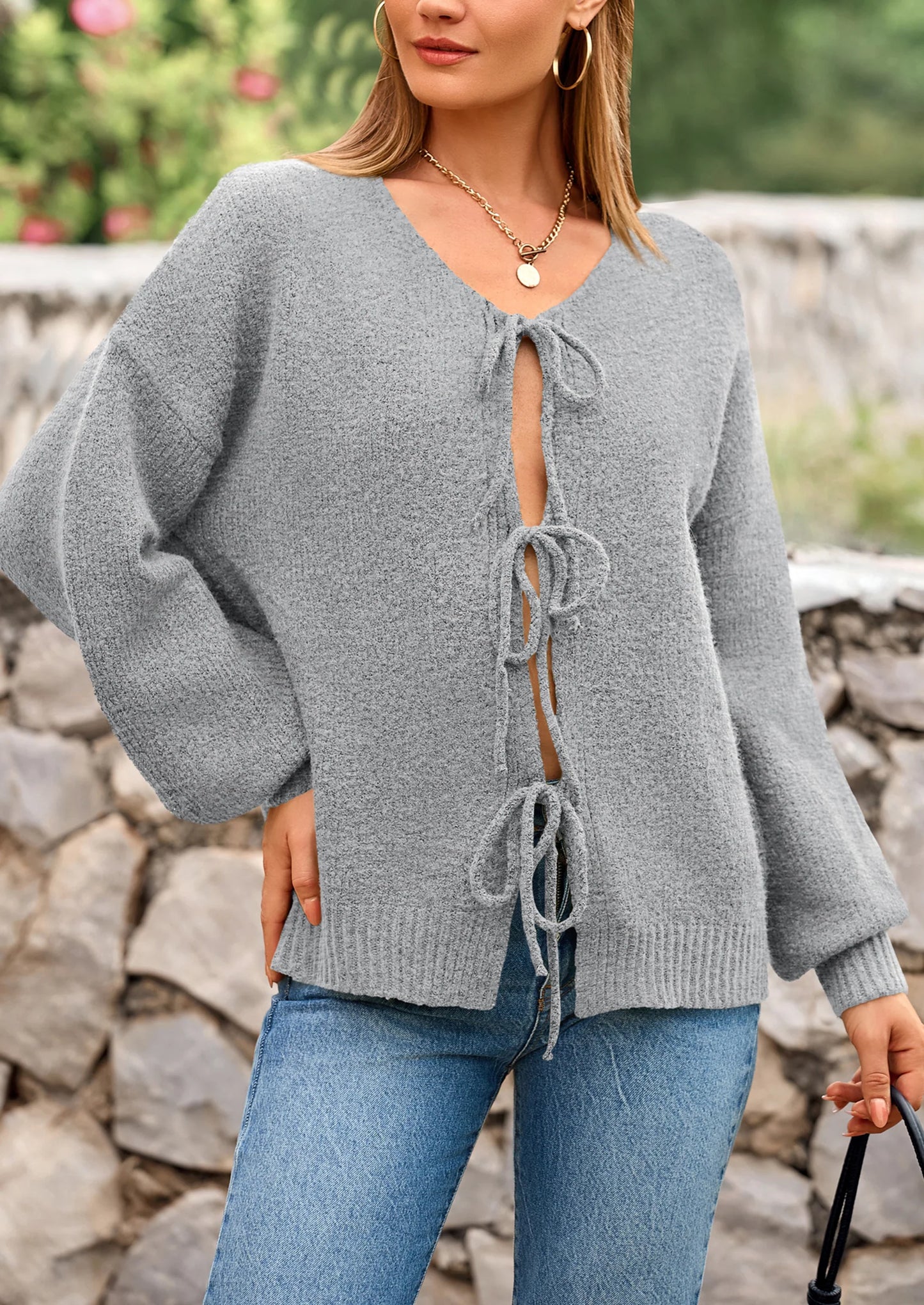 Women's Tie Front Bow Cardigan Sweaters Chunky Knit Long Puff Sleeve Trendy Fall Winter Jacket Coats