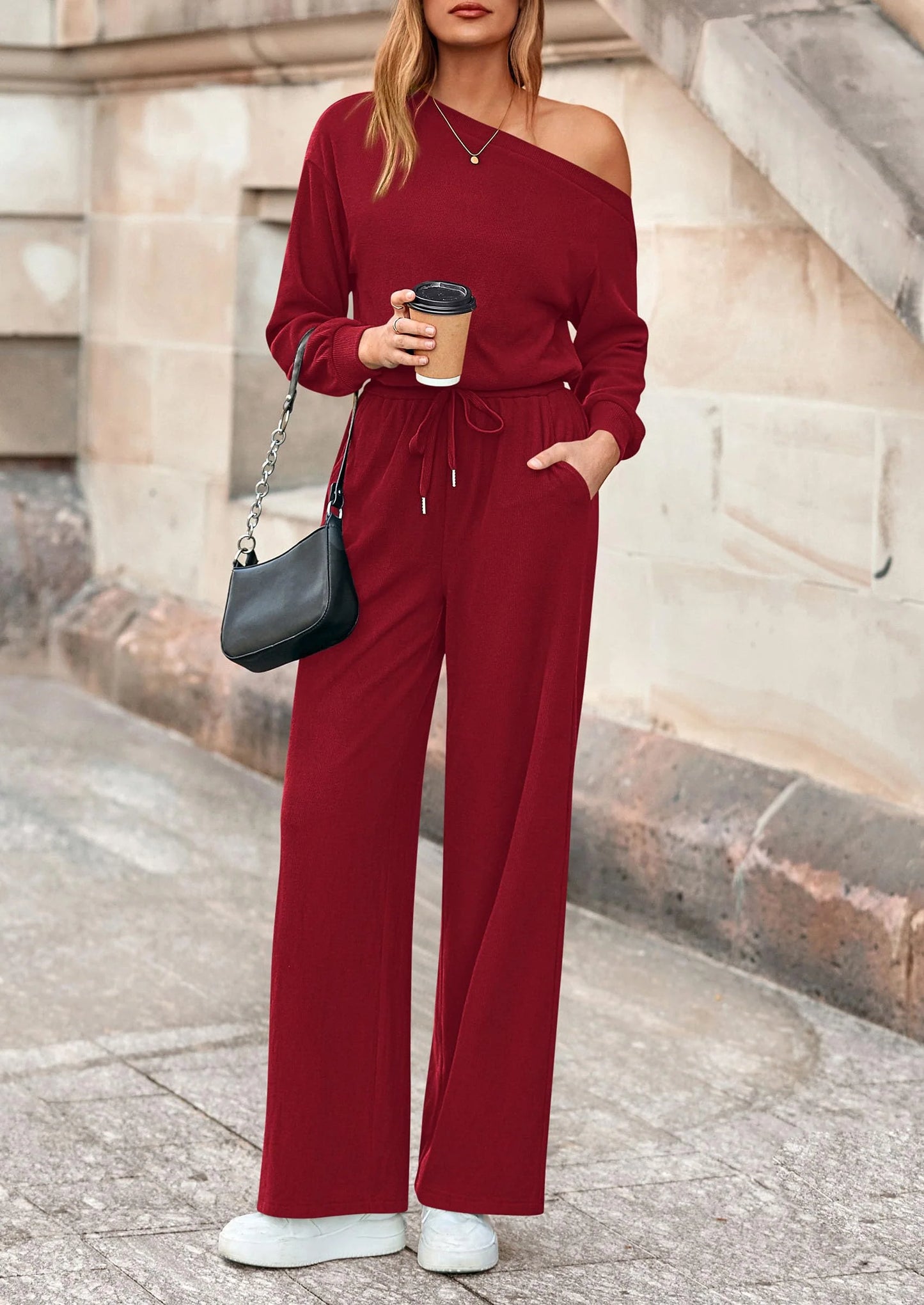 Long Sleeve Jumpsuit For Women Dressy Off Shoulder One Piece Loose Wide Leg Jumpsuits Casual Flowy Romper
