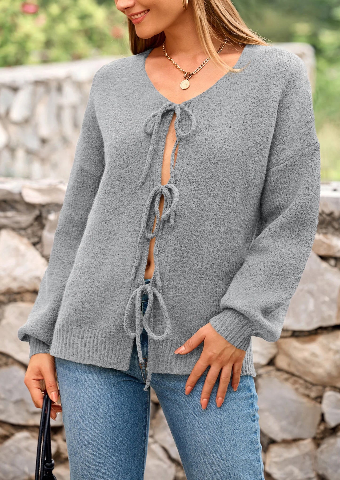 Women's Tie Front Bow Cardigan Sweaters Chunky Knit Long Puff Sleeve Trendy Fall Winter Jacket Coats