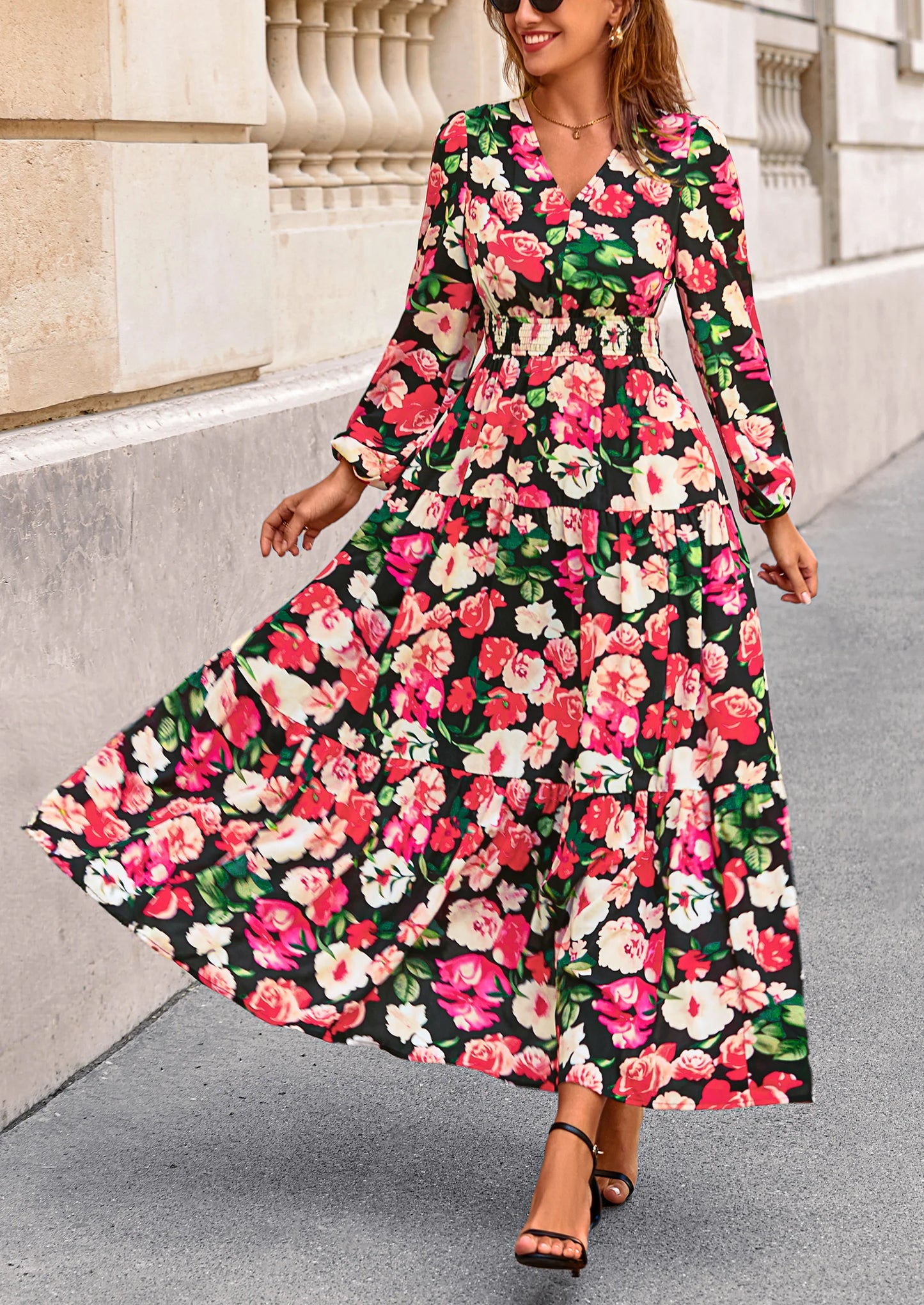Long Sleeve Maxi Fall Dresses for Women Vneck Smocked Boho Floral Tiered Swing Flowy Wedding Guest Dress