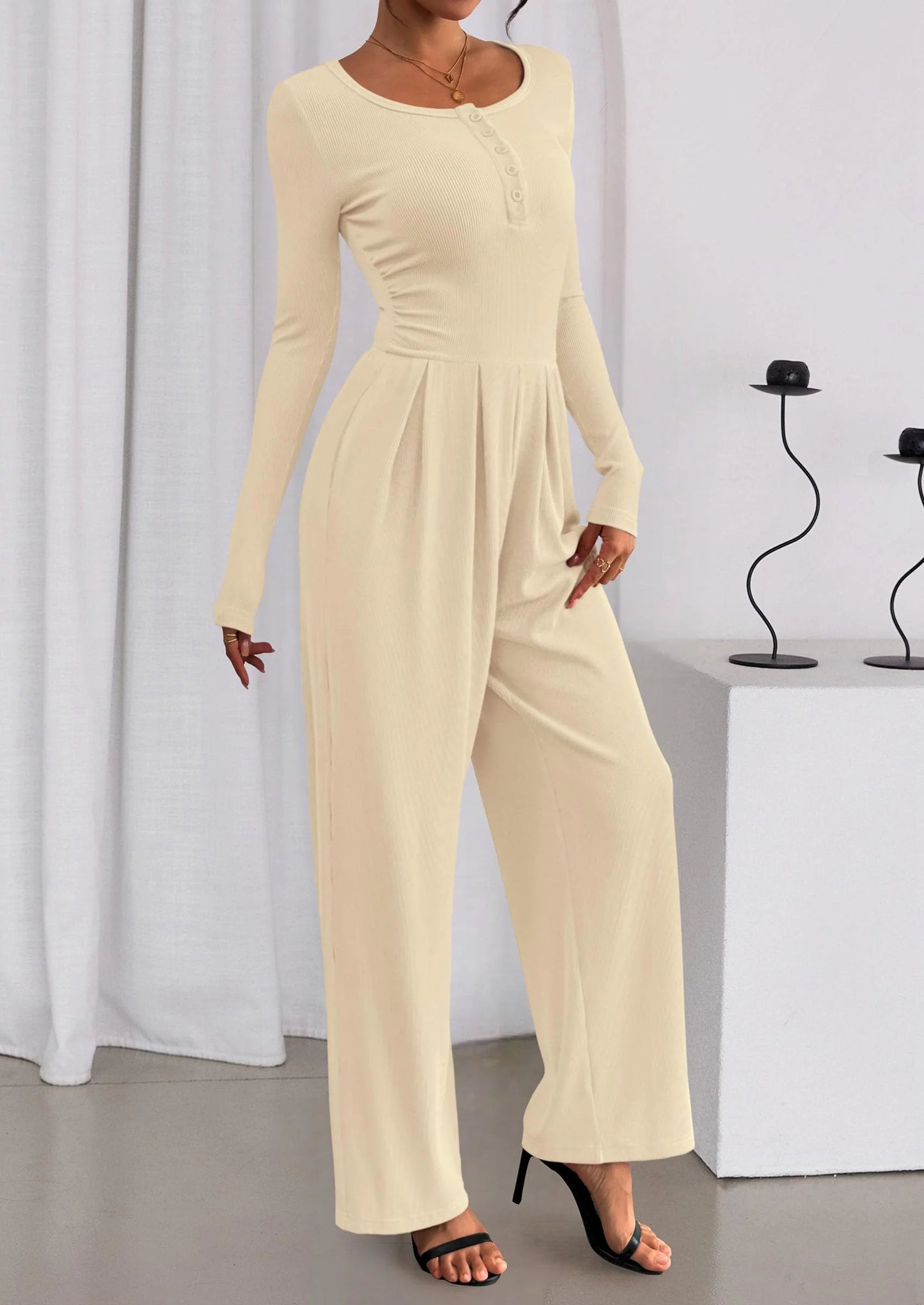 Jumpsuits for Women Dressy Casual Fall One Piece Outfits Long Sleeve Crew Neck Wide Leg Pants Rompers