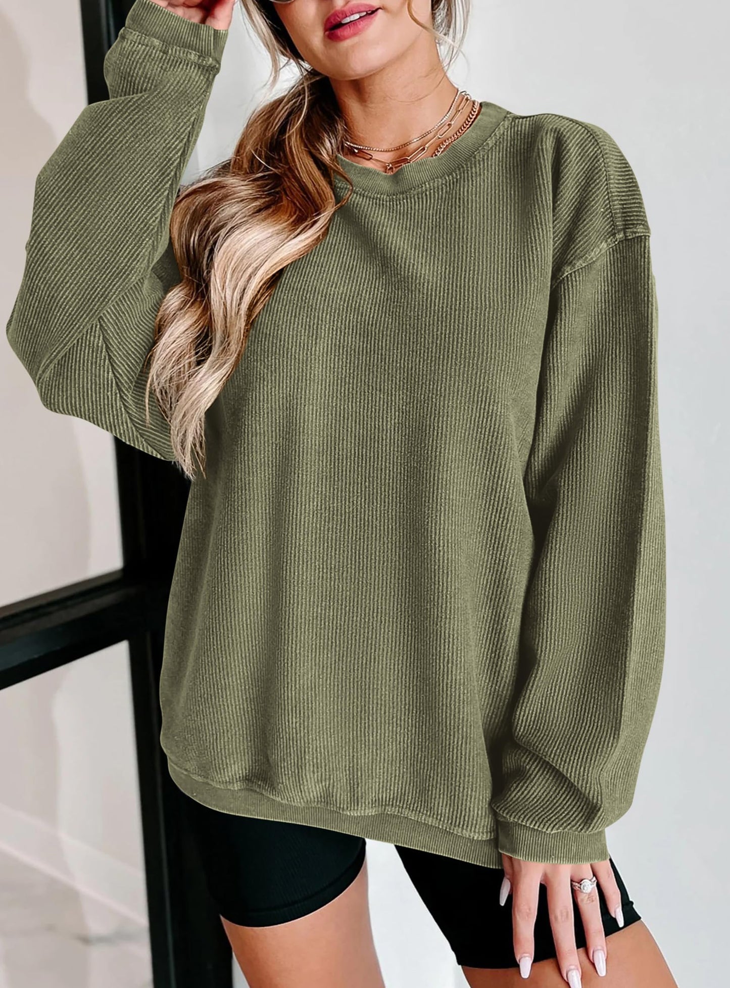 Women's Oversized Sweatshirt 2025 Fall Fashion Clothes Ribbed Corduroy Long Sleeve Going Out Pullover Tops