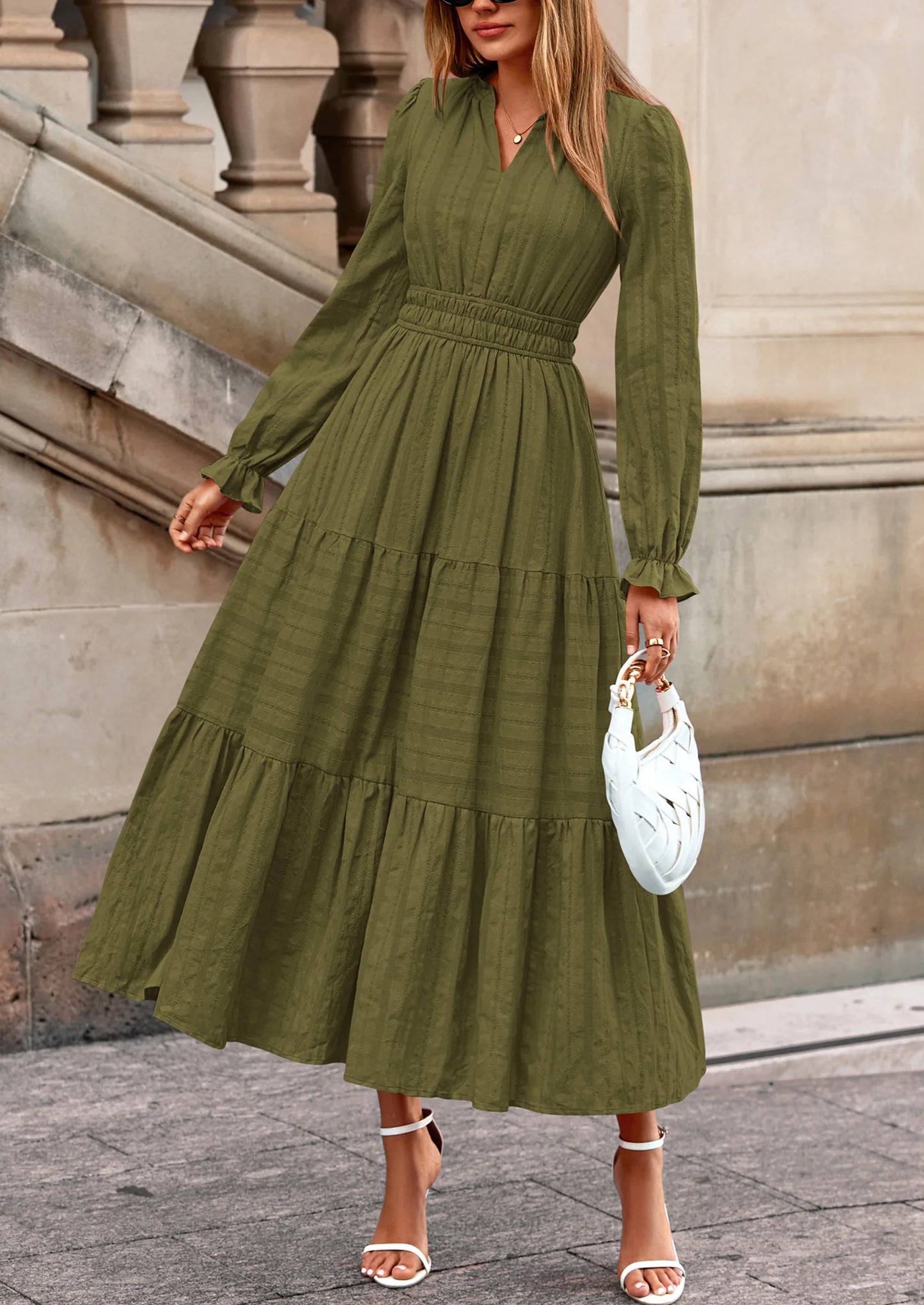 Women's Fall Wedding Guest Dresses Long Sleeve V Neck Flowy Elegant Holiday Party Maxi Dress with Pockets