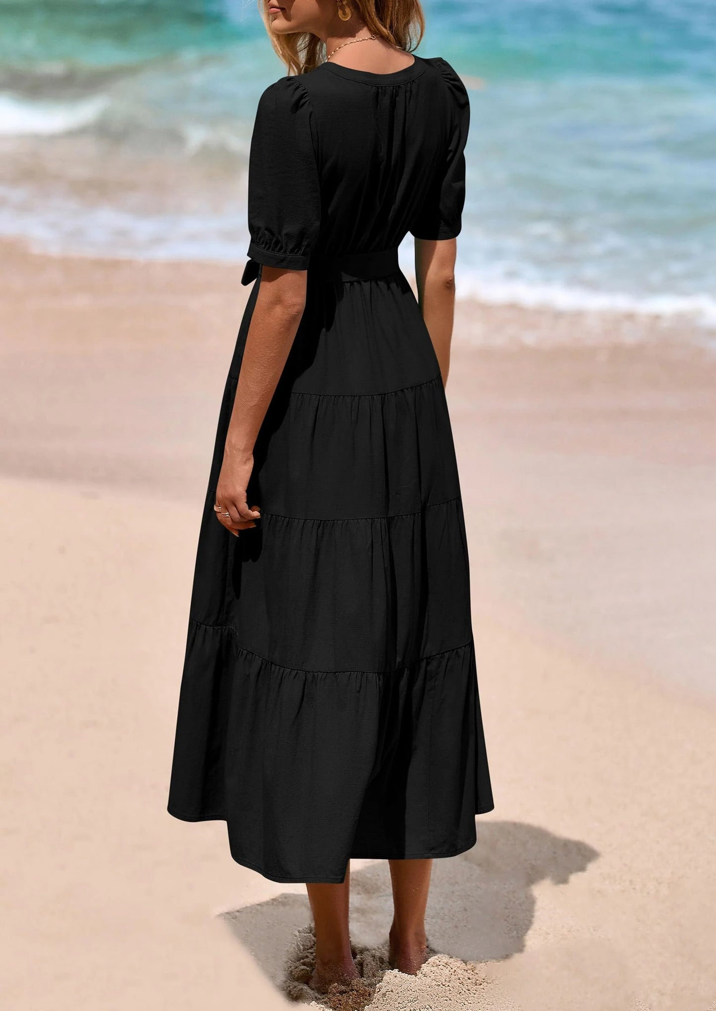 Women's Midi Dress Casual Short Sleeve V Neck Buttons Belted Ruffle A Line Flowy Dress with Pockets