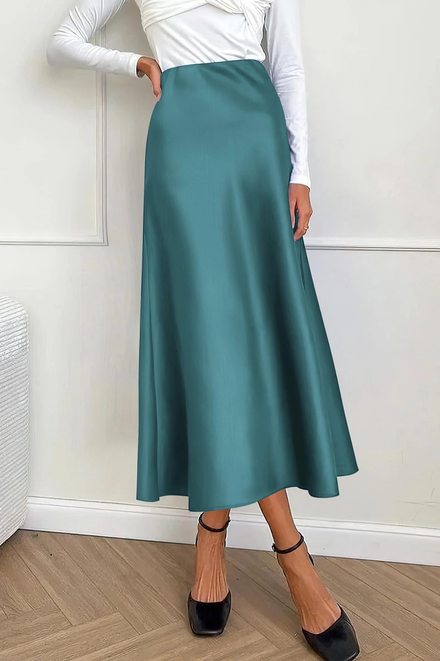 Women's Satin Skirts Dressy Casual Fall High Waisted Cocktail Wedding Flowy Elegant A Line Midi Skirt