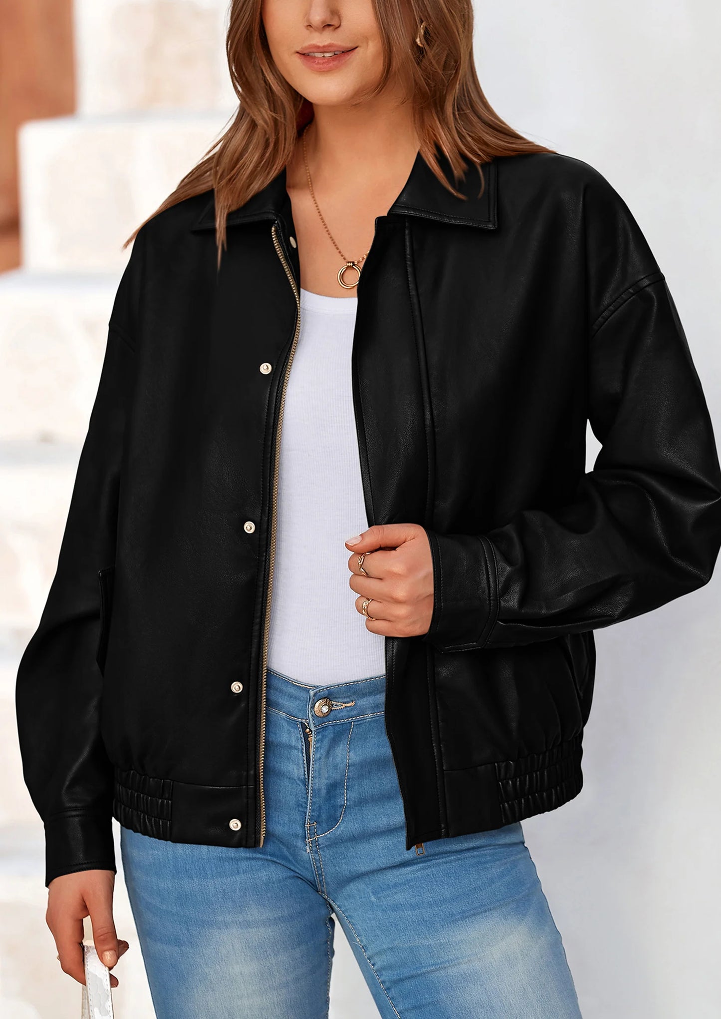 Women's Faux Leather Motorcycle Jacket Trendy Fall Spring Clothes Oversized Zip Up Winter Coat Outerwear
