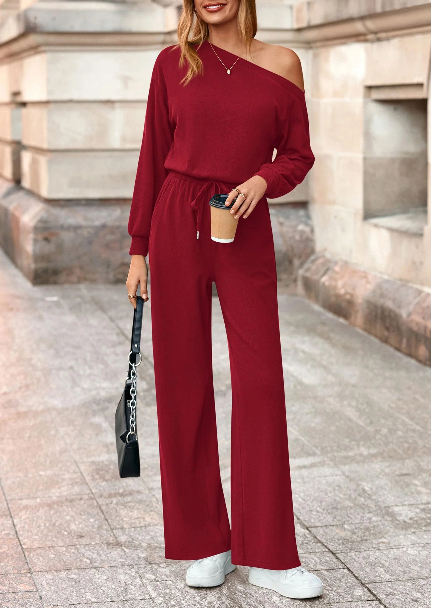 Long Sleeve Jumpsuit For Women Dressy Off Shoulder One Piece Loose Wide Leg Jumpsuits Casual Flowy Romper