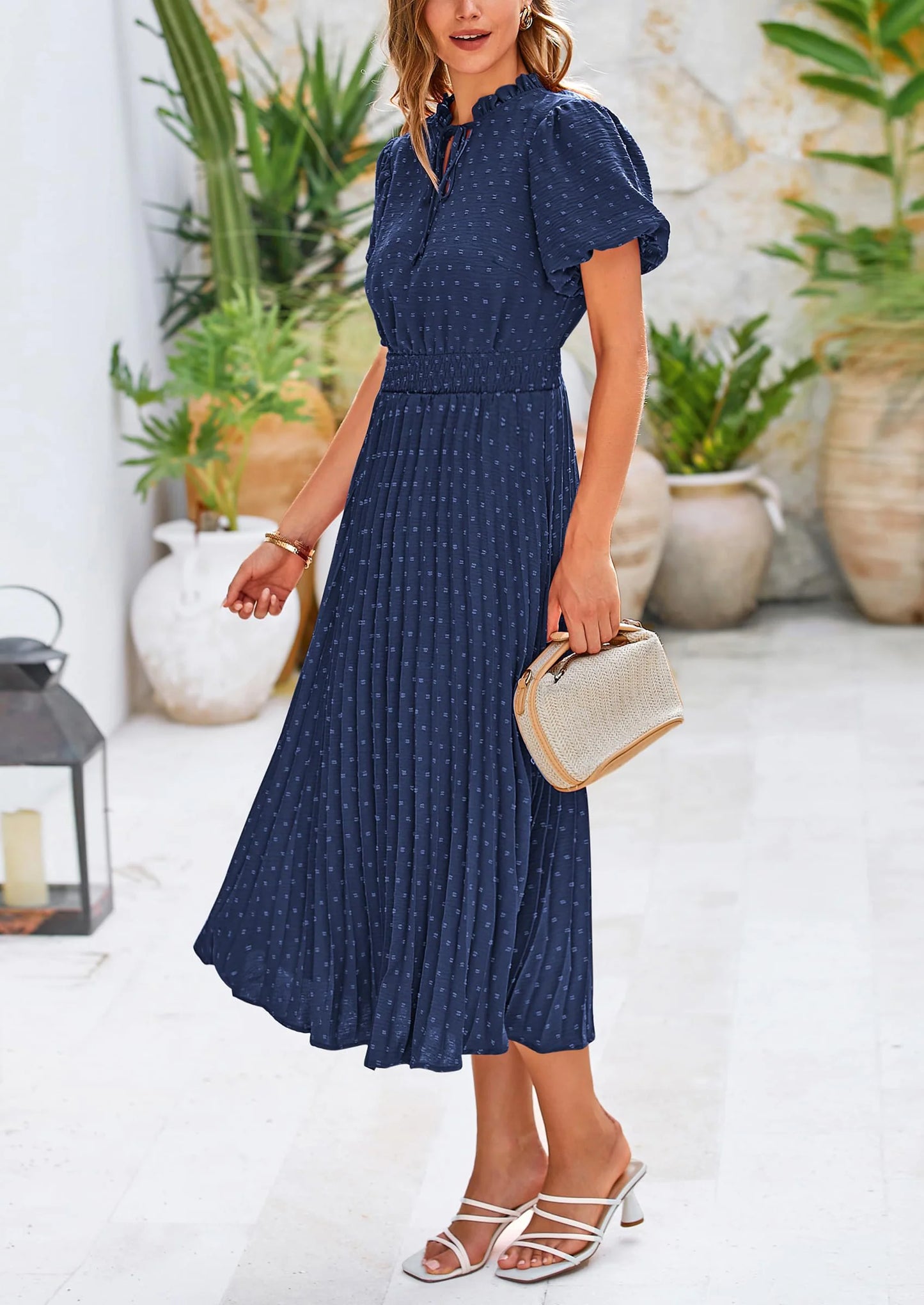 Womens Midi Dresses Puff Short Sleeve V Neck Swiss Dot Pleated A Line Flowy Long Wedding Guest Dress
