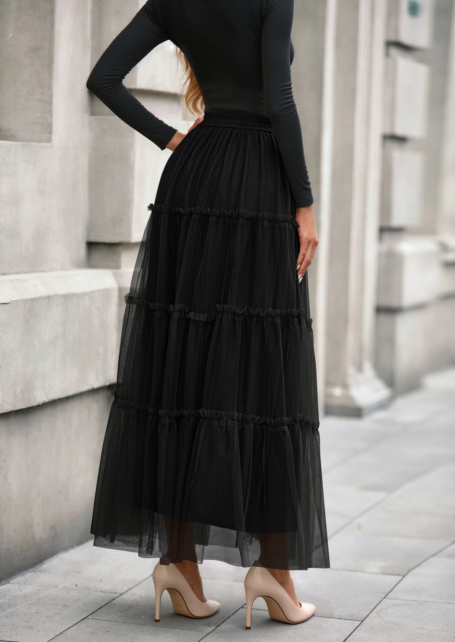 Maxi Skirts for Women Fall Tulle High Waisted Ruffle Flowy A-Line Long Skirt Country Concert Outfits