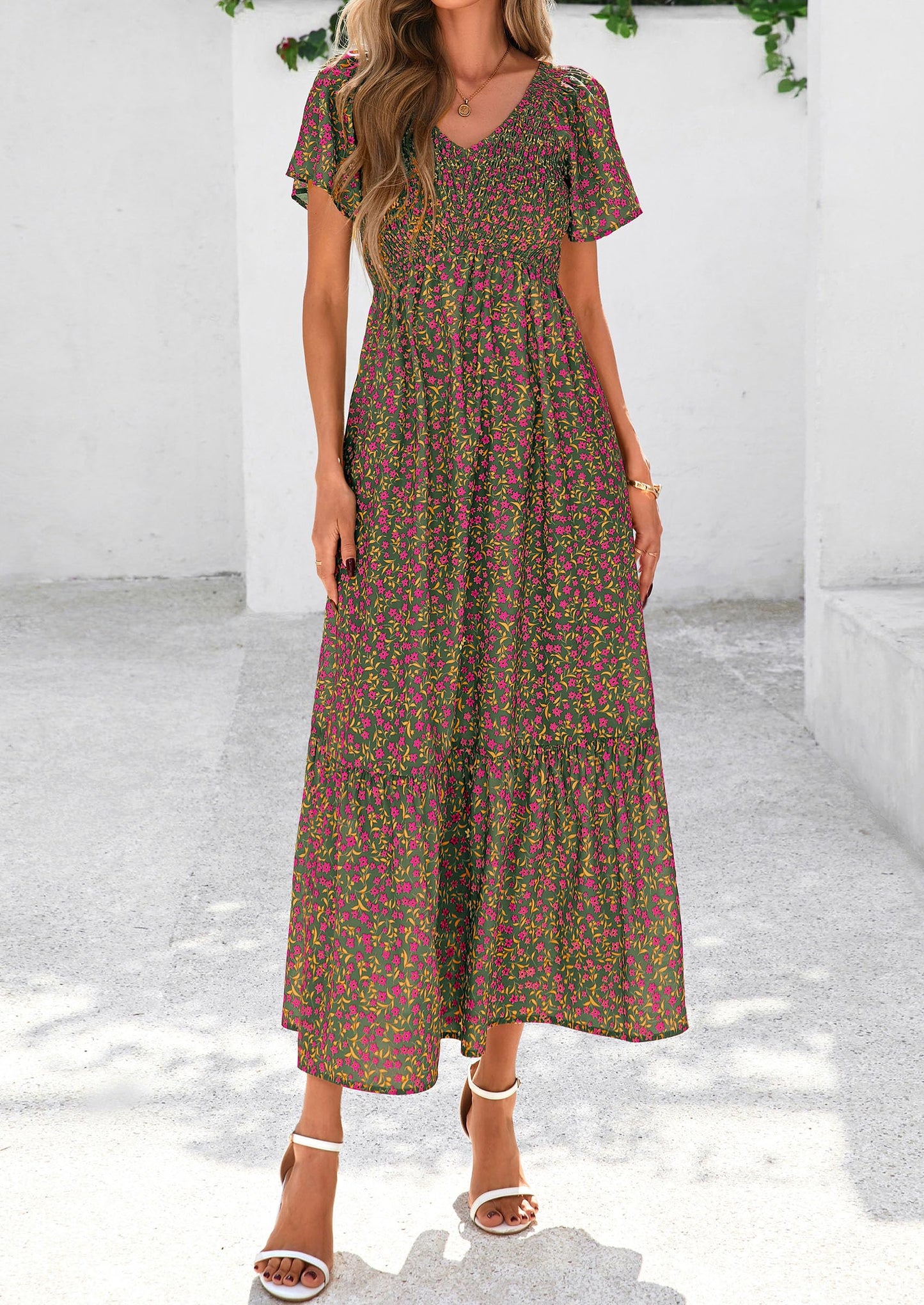 Women Floral Boho Maxi Dresses Short Sleeve V Neck Smocked A Line Long Flowy Beach Vacation Dress