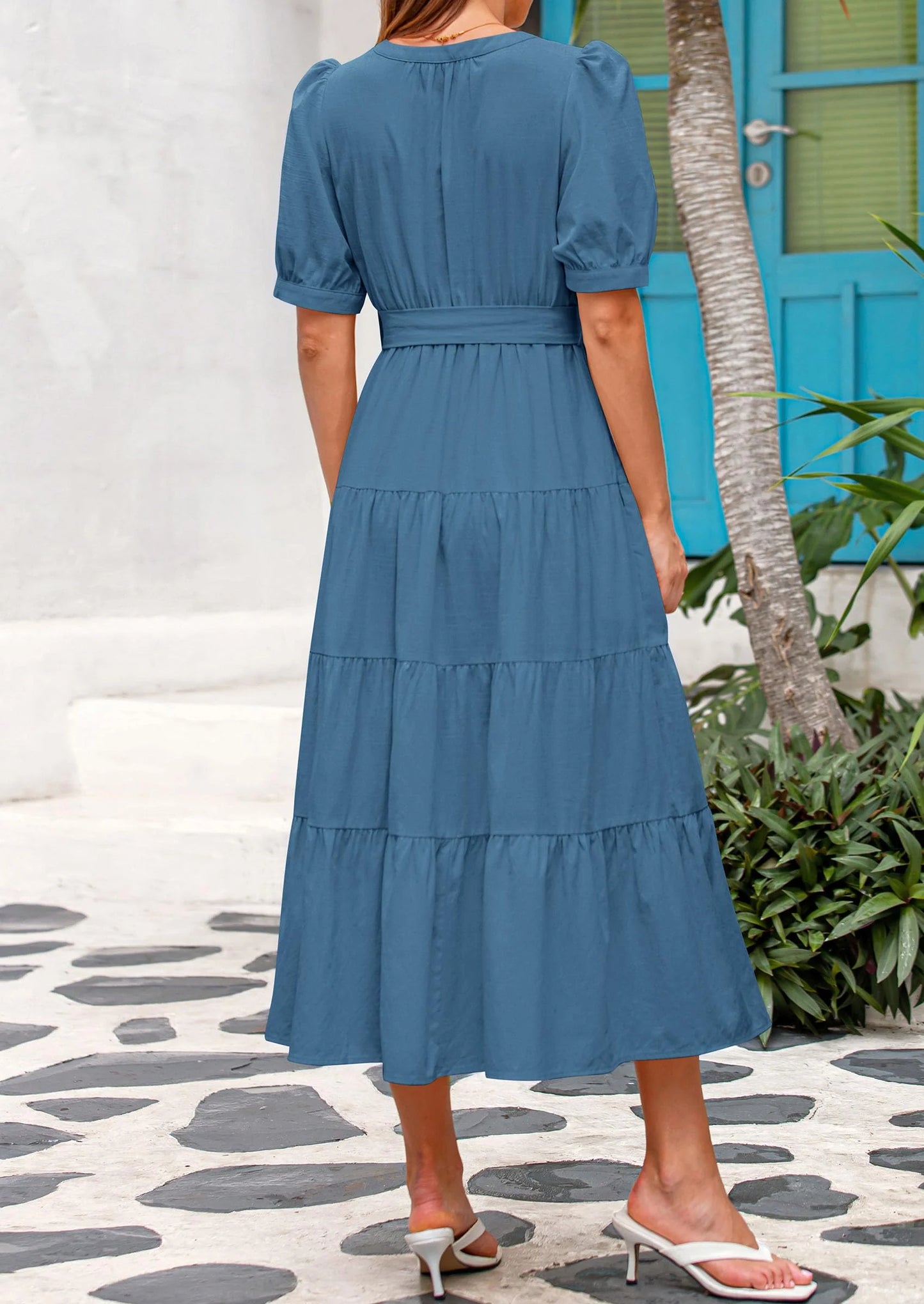 Women's Midi Dress Casual Short Sleeve V Neck Buttons Belted Ruffle A Line Flowy Dress with Pockets