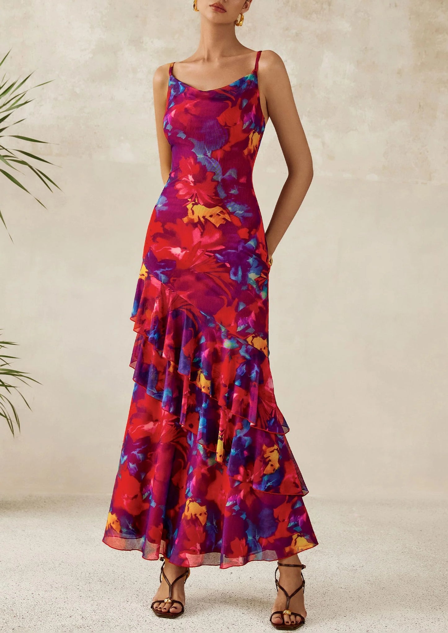Maxi Dresses for Women Floral Beach Sundress Spaghetti Strap Tiered Wedding Guest Long Dress