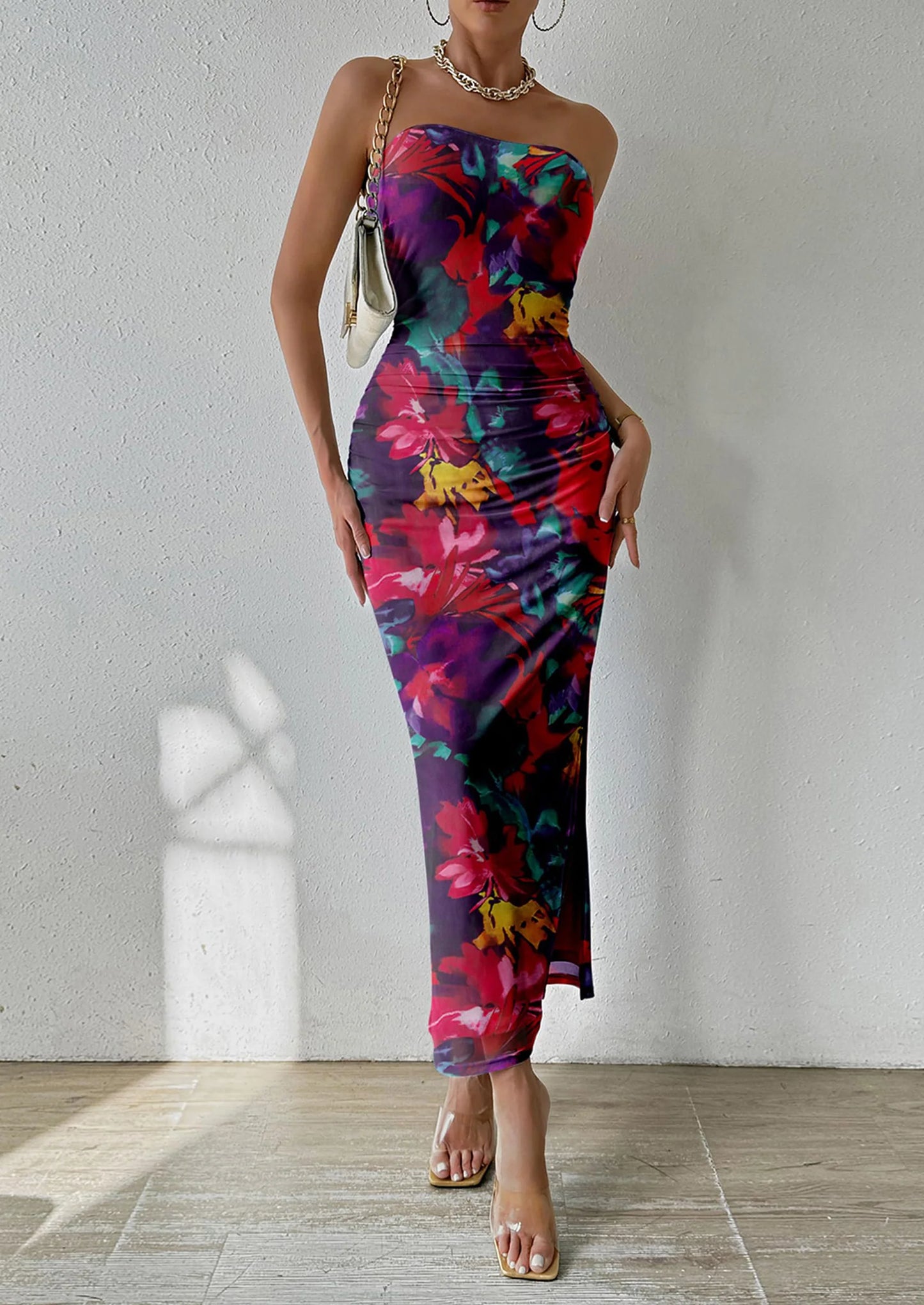 Women's Maxi Bodycon Dresses Strapless Tube Top Slit Floral Printed Party Club Long Dress