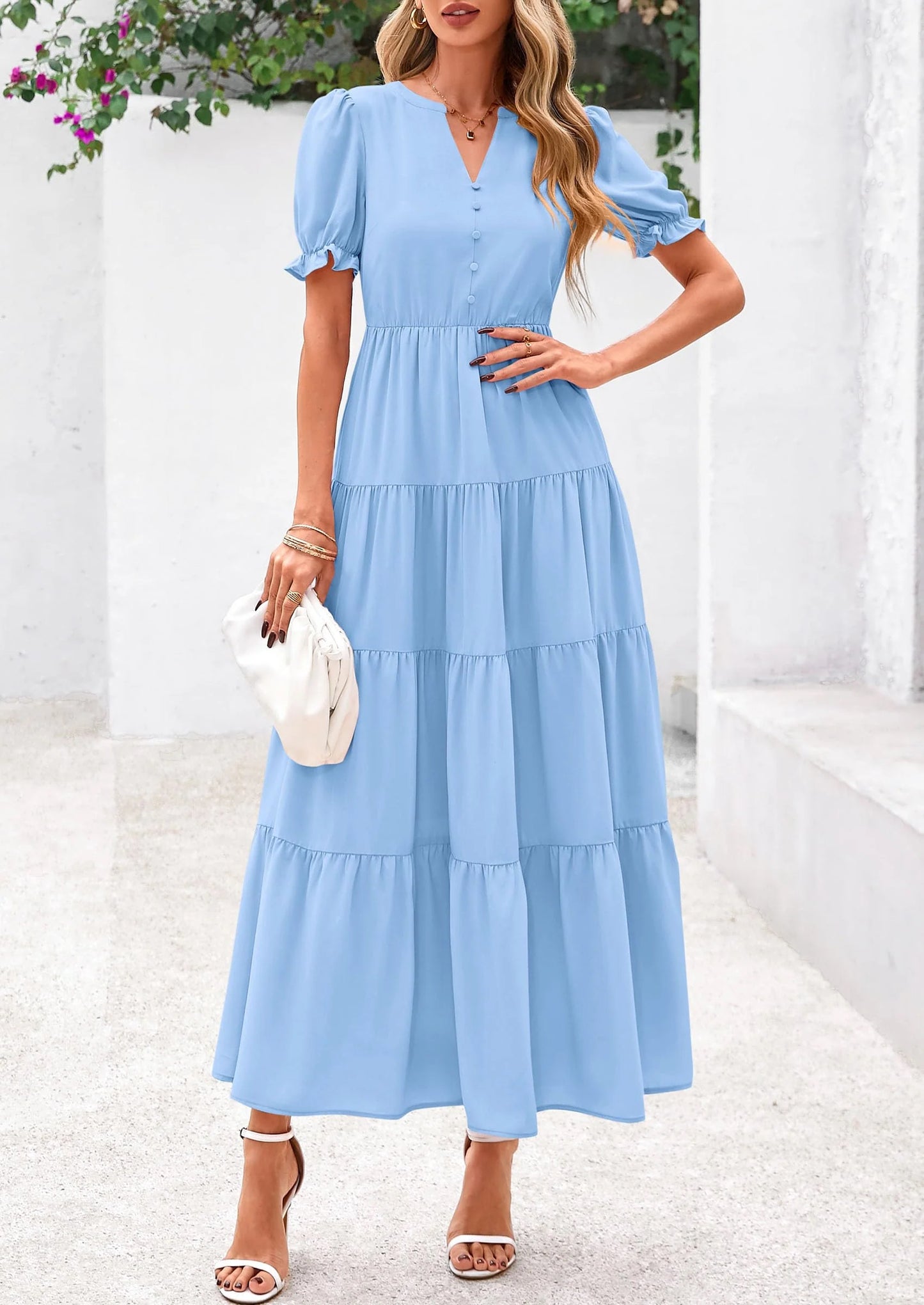 Women's Casual Short Sleeve V Neck Midi Dresses Spring A-line Tiered Wedding Guest Dress