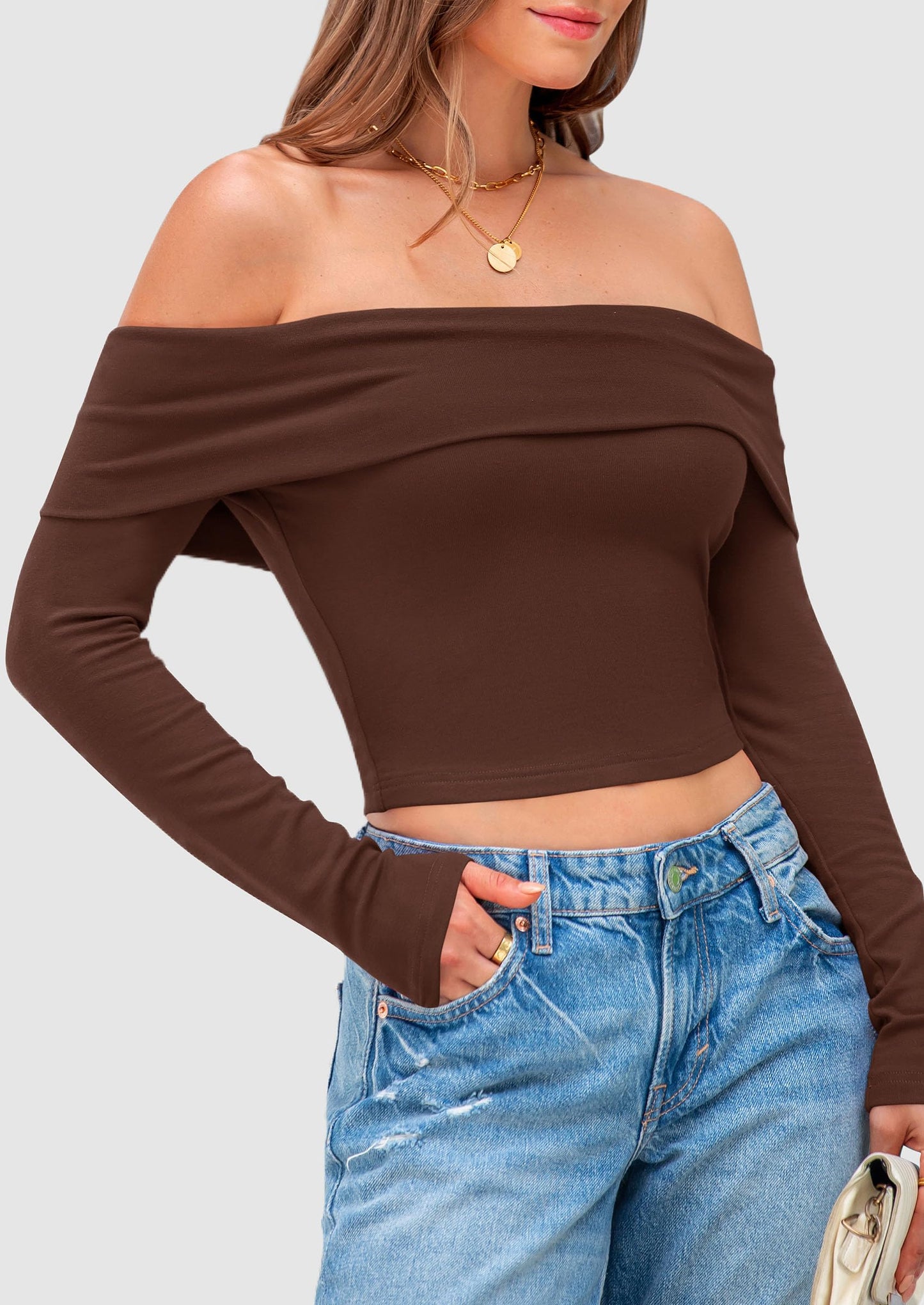 Off The Shoulder Tops for Women Long Sleeve Shirts Trendy Going Out Crop Top Spring Fashion Clothes