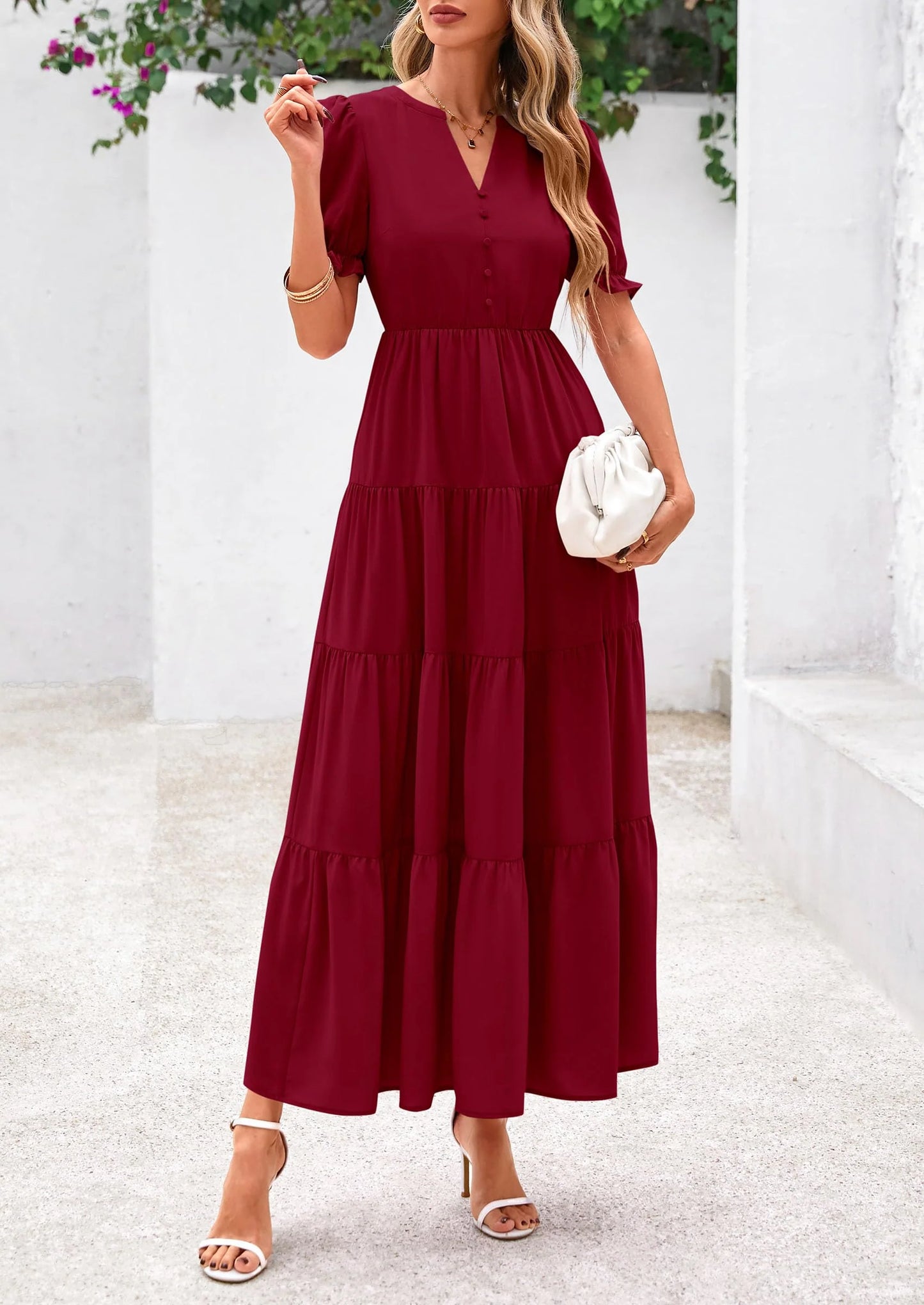 Women's Casual Short Sleeve V Neck Midi Dresses Spring A-line Tiered Wedding Guest Dress