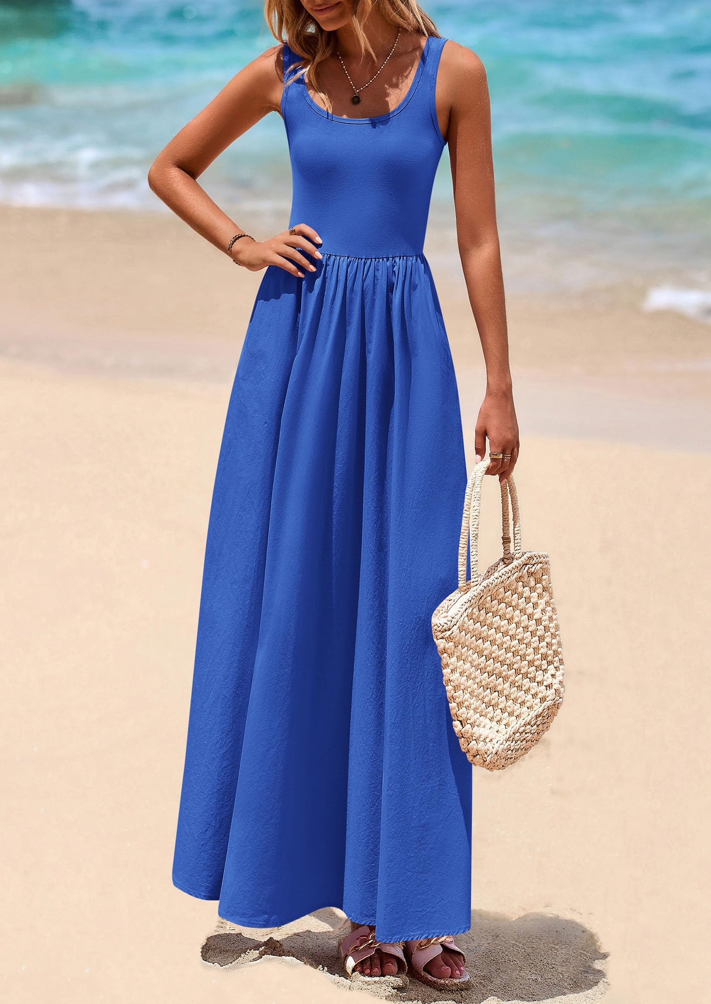 Womens Summer Casual Scoop Neck Sleeveless Long Dresses Tank Top Patchwork Aline Swing Maxi Dress with Pockets