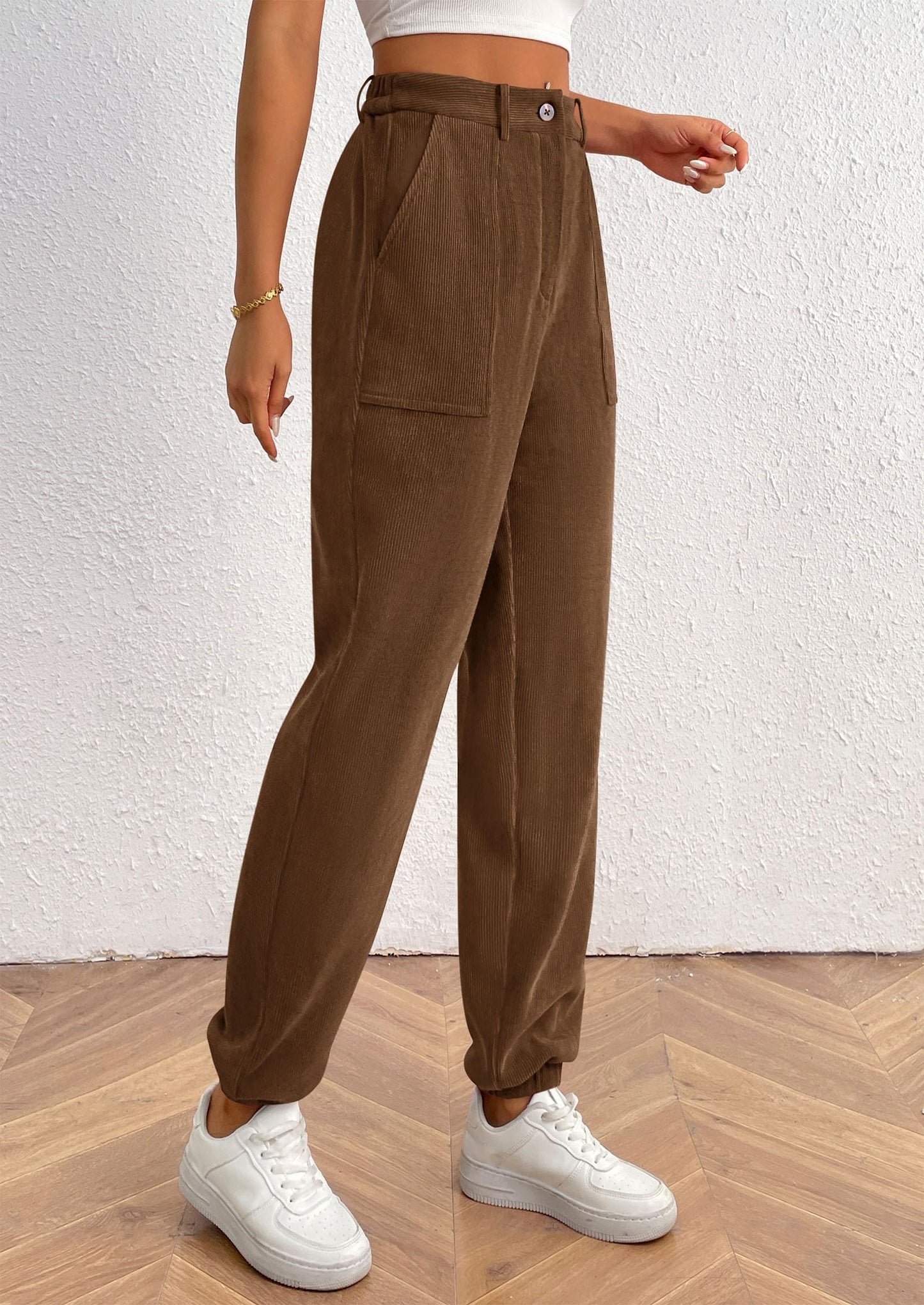 Women's Pants Dressy Casual Fall Elastic High Waisted Work Office Corduroy Trouser Slacks with Pockets