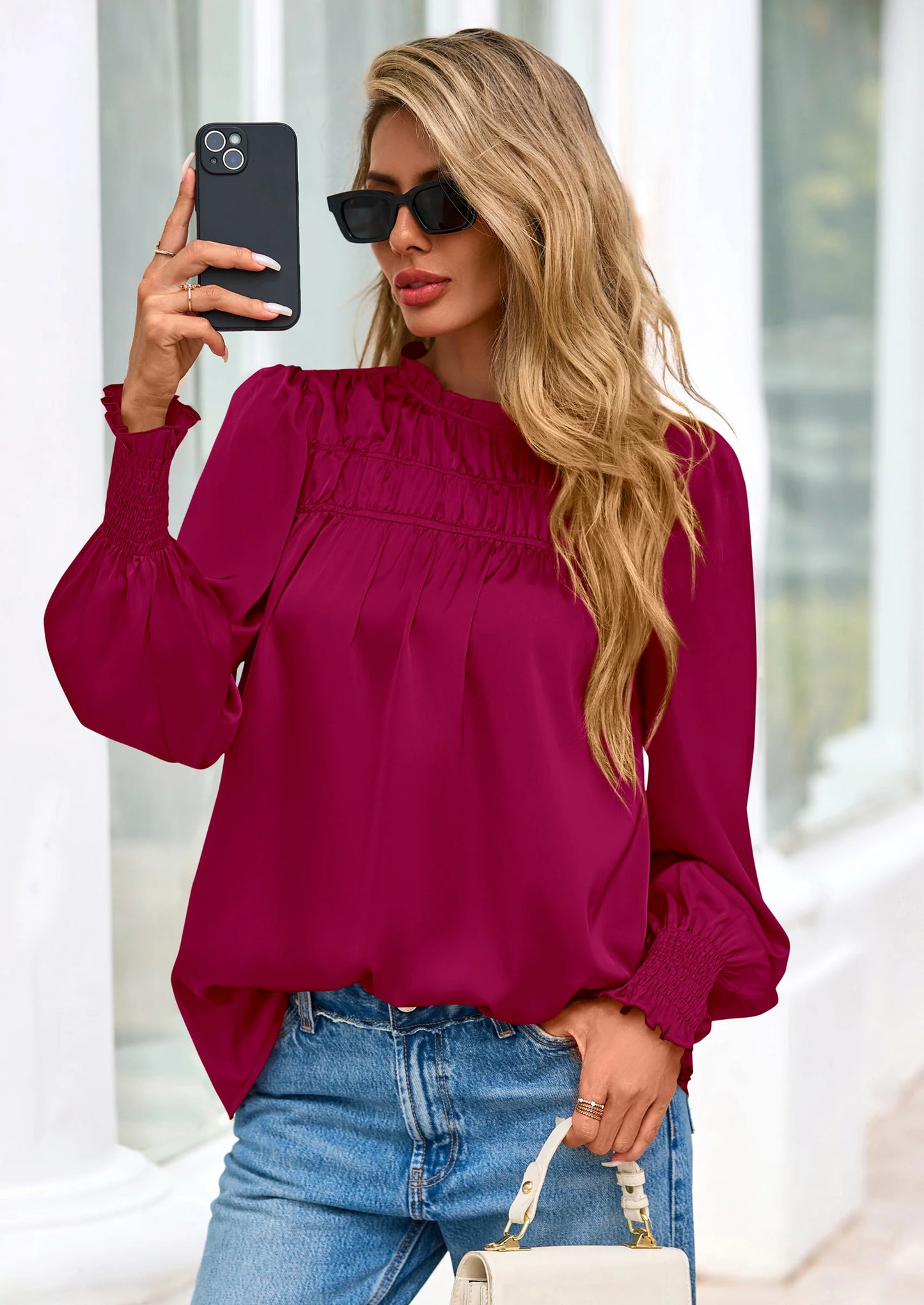 Blouses for Women Dressy Casual Fall Outfits Frill Neck Long Sleeve Shirts Satin Work Business Casual Tops
